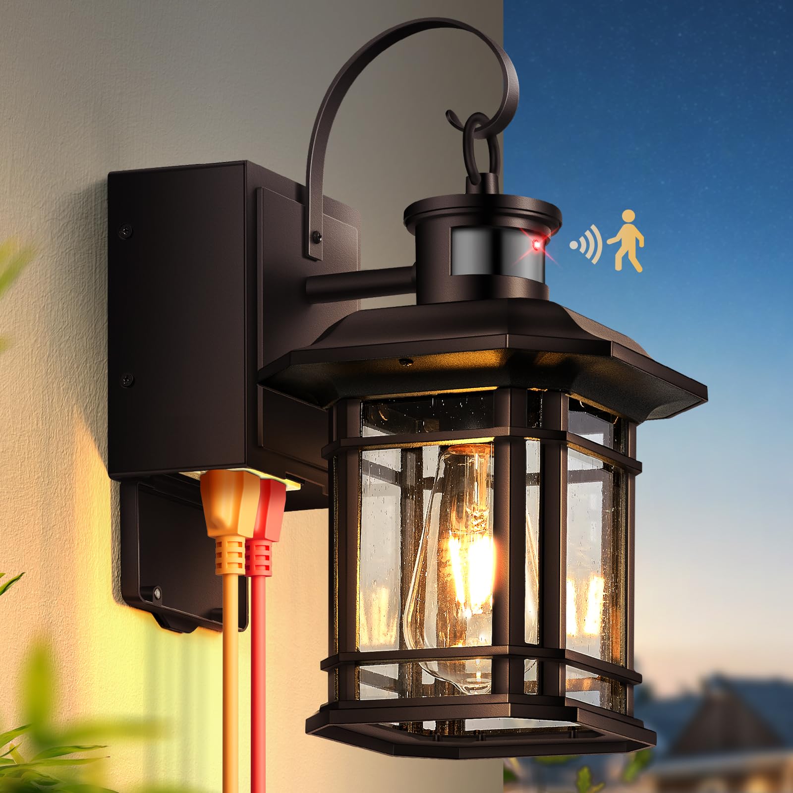 OPAXIS Porch Light with GFCI Outlet  Distance and Time Adjustable Motion Sensor Outdoor Light Fixture with Outlet  Bronze Dusk to Dawn Outside Sconce Lights for House Garden Patio Garage  Waterproof