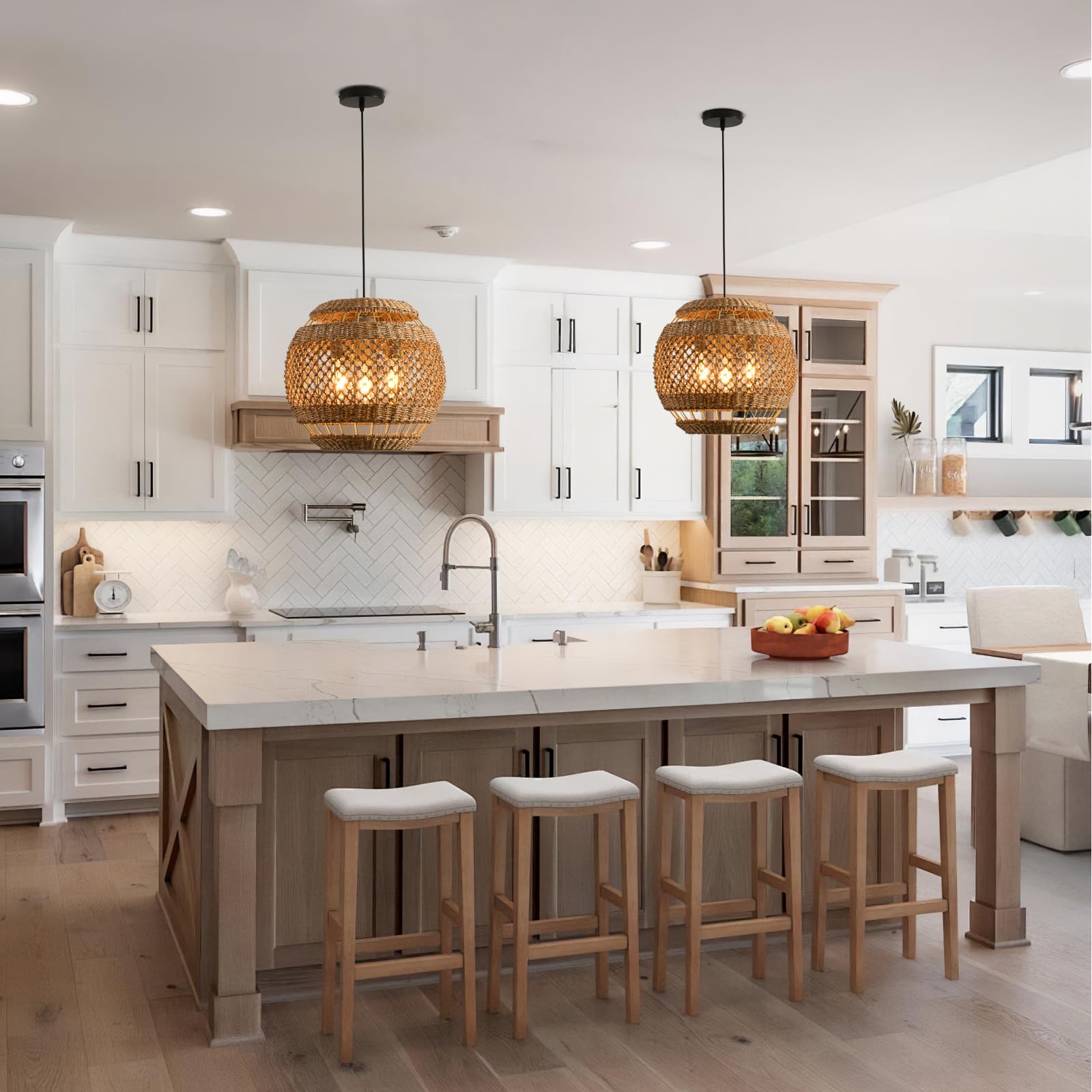 Teru Ji Kaikang 15.75'' Rattan Pendant Light 3-Light Boho Seagrass Hanging Light Hand Woven Water Plants Rattan Chandelier For D