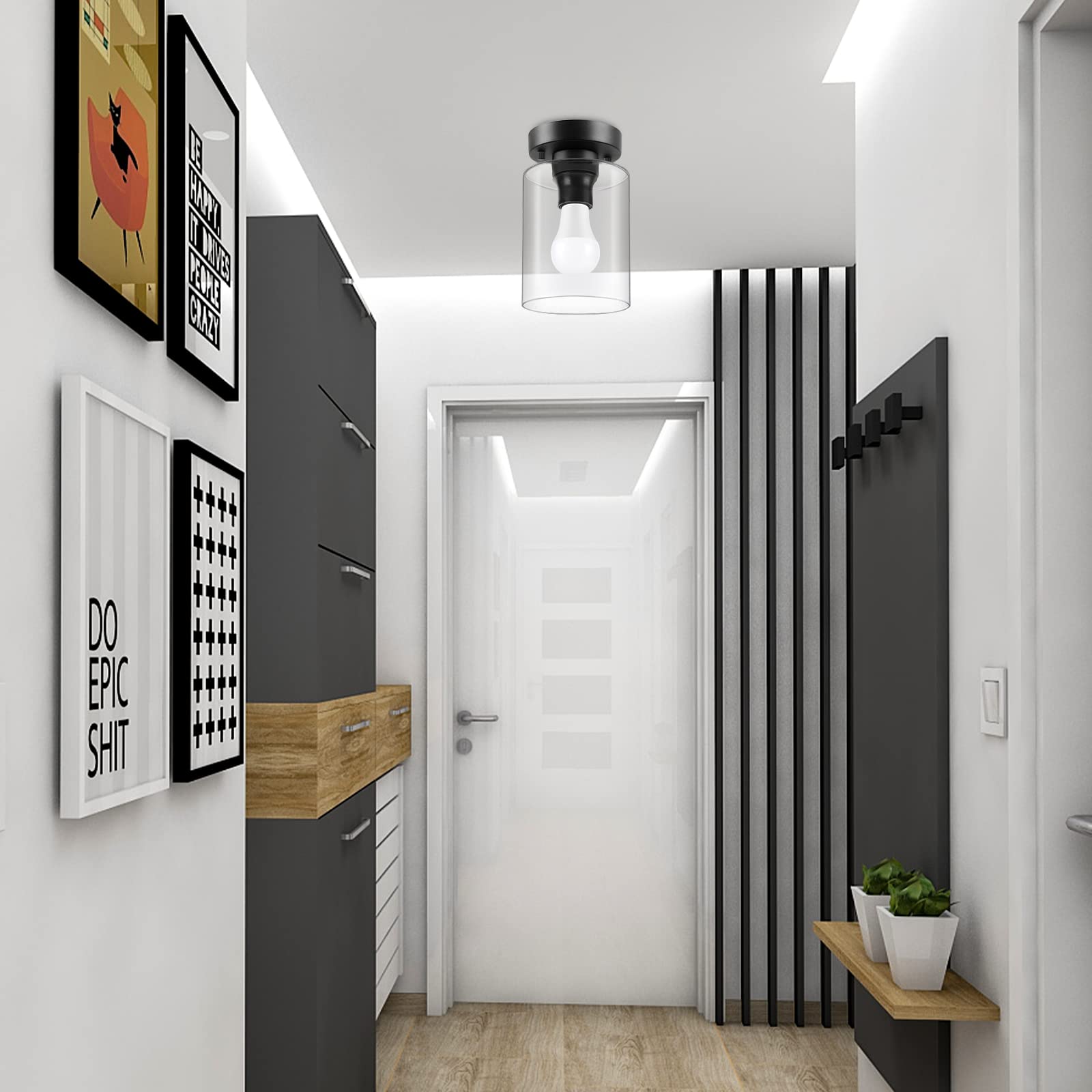 Boostarea Semi Flush Mount Ceiling Light, Industrial Hanging Ceiling Pendant Lamp With Clear Glass Shade, Farmhouse Light Fixtur