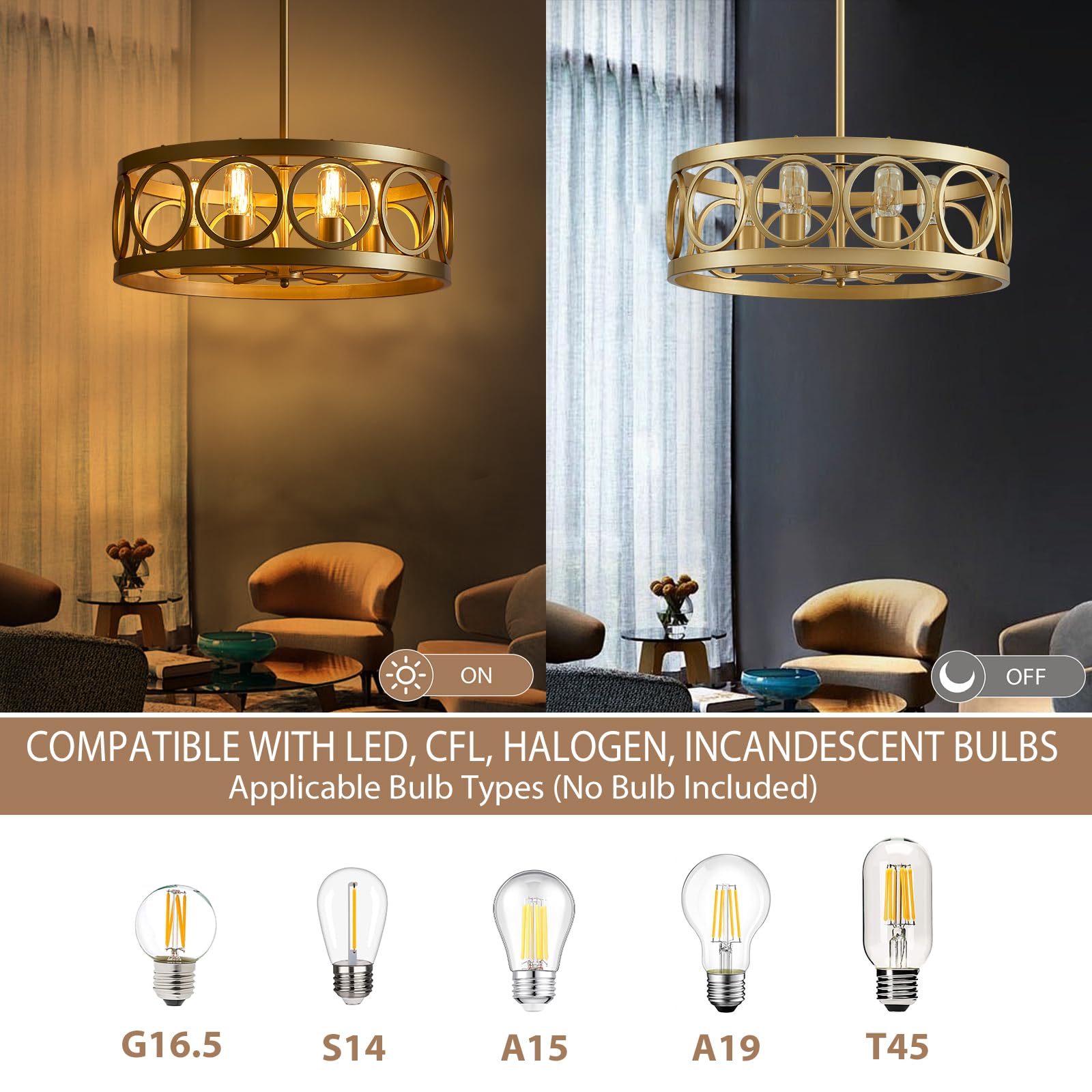 Peskoe Gold Dining Room Light Fixture Drum Chandeliers, 6-Light Modern Light Fixtures For Living Room Kitchen Entryway Bedroom F