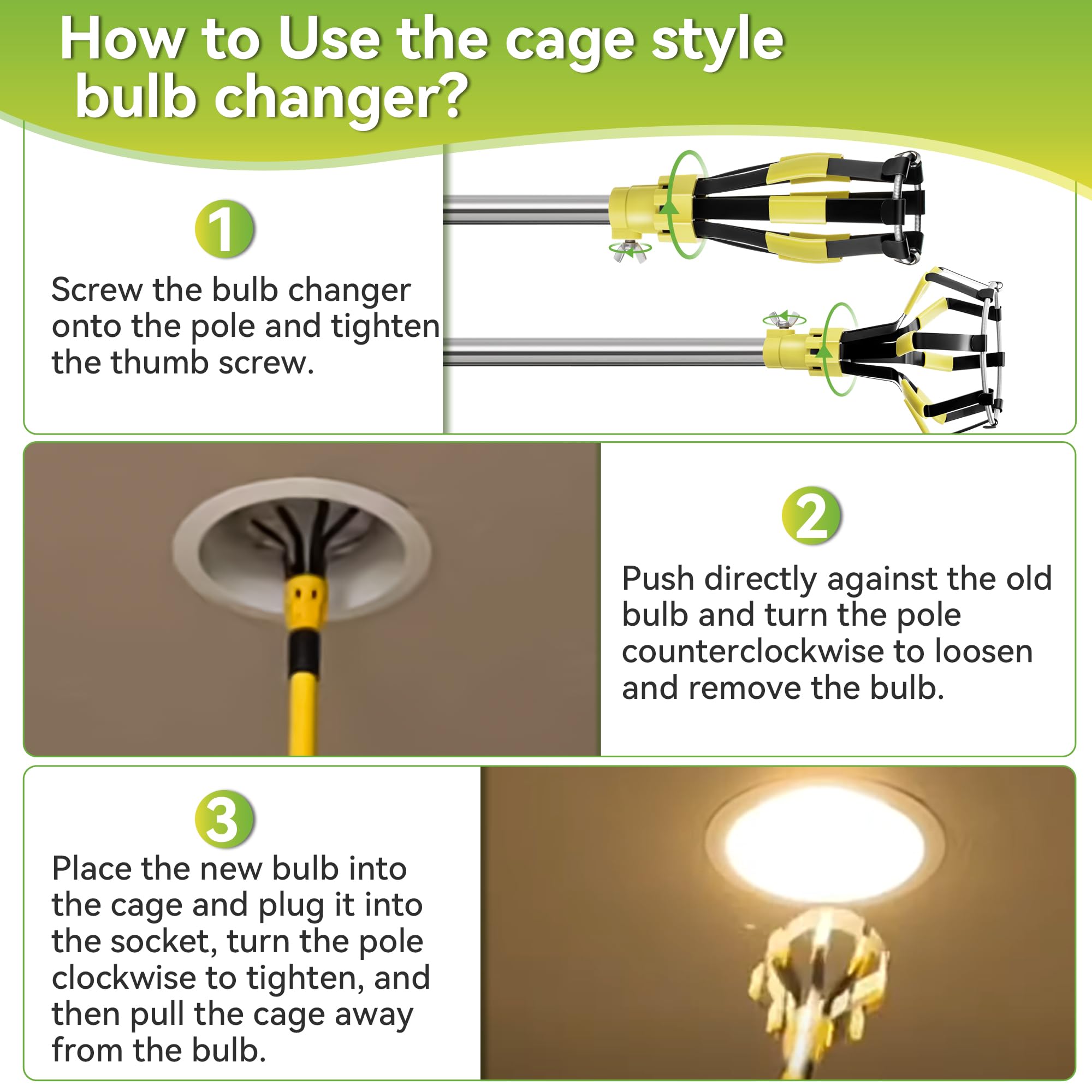 Dreyoo 4 Pieces Set Light Bulb Changer  Suction Cup And Cage Changer For Incandescent  Floodlight  Broken Bulb And Recessed Lights  Compatible With Standard Extension Pole  Pole Not Included (Yellow)