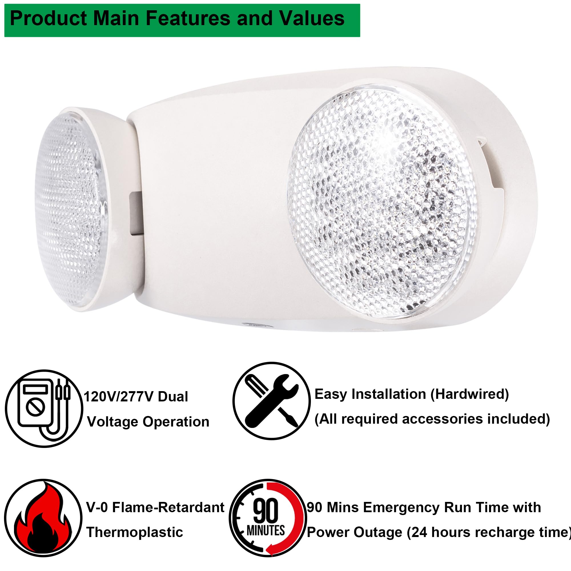 Gruenlich Led Emergency Light, Exit Lighting Fixtures With 2 Led Bug Eye Heads And Back Up Batteries, Ul 924 Qualified, 120/277 Voltage, 2-Pack