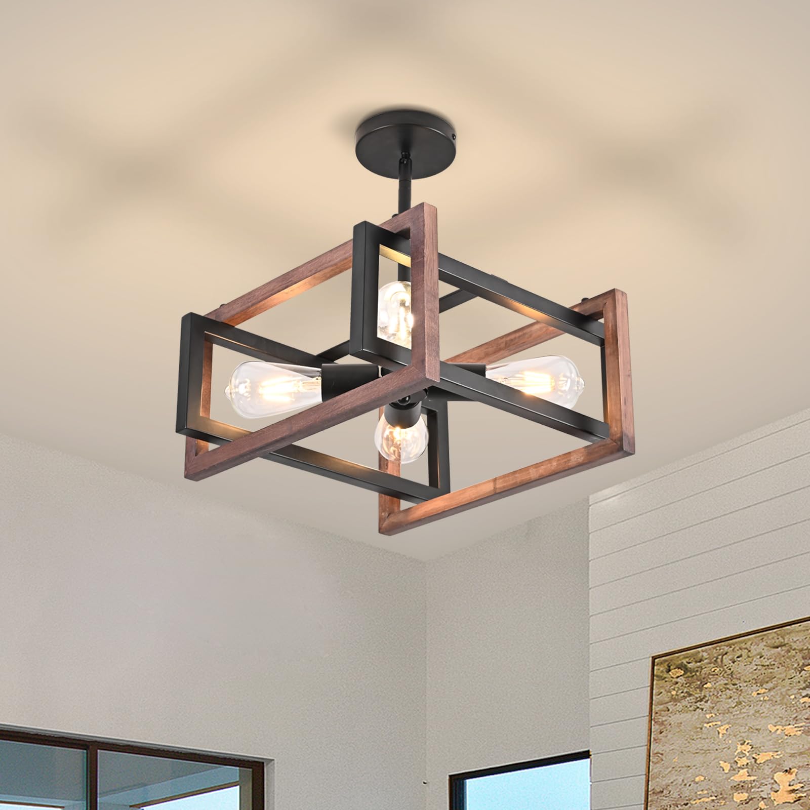 HuisMier 4-Light Farmhouse Ceiling Light Fixtures, Rustic Wood and Metal Semi Flush Mount Ceiling Light Black Industrial Chandel