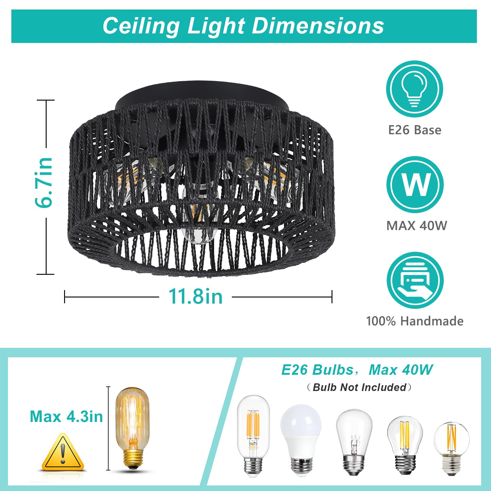 Pauful Rattan Light Fixtures, 3-Light Boho Flush Mount, Farmhouse Ceiling Light With Hand-Woven Shade, Modern Chandelier For Living, Bedroom, Entryway, Kitchen, Nursery
