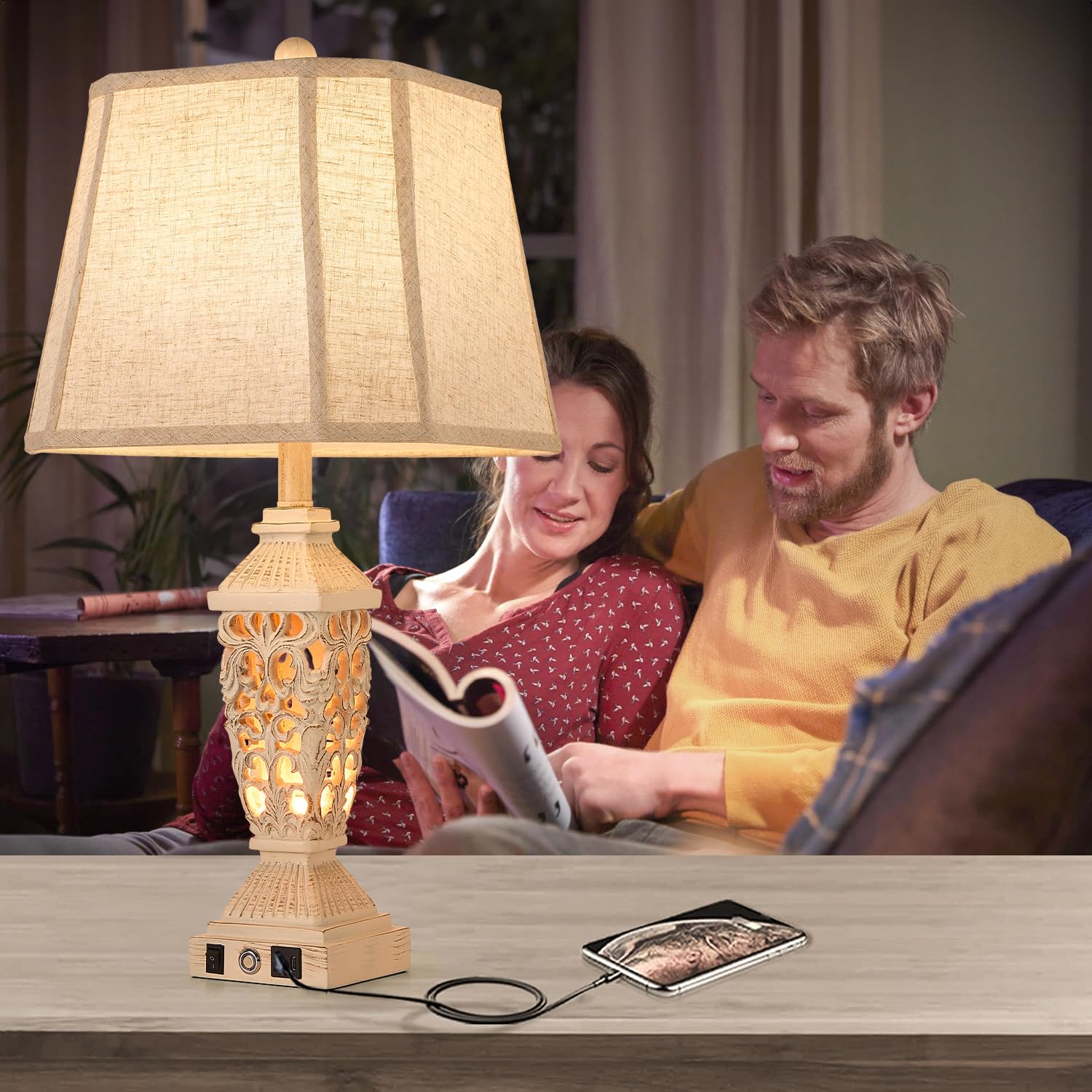 Aidenoey Farmhouses Table Lamp With Usb & Usb-C Charging Ports, 3-Color Dimmable & Stepless Bottom Dimming, Touch Control & Swit