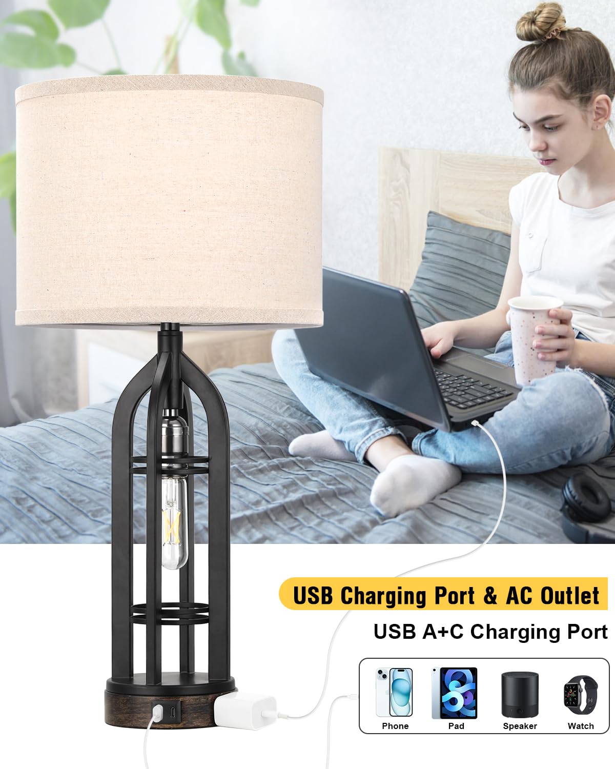 Seealle Table Lamps Set of 2 - 3-Way Dimmable Touch, USB C+A & Outlet, Oat Shade & Black Body, Model 09161