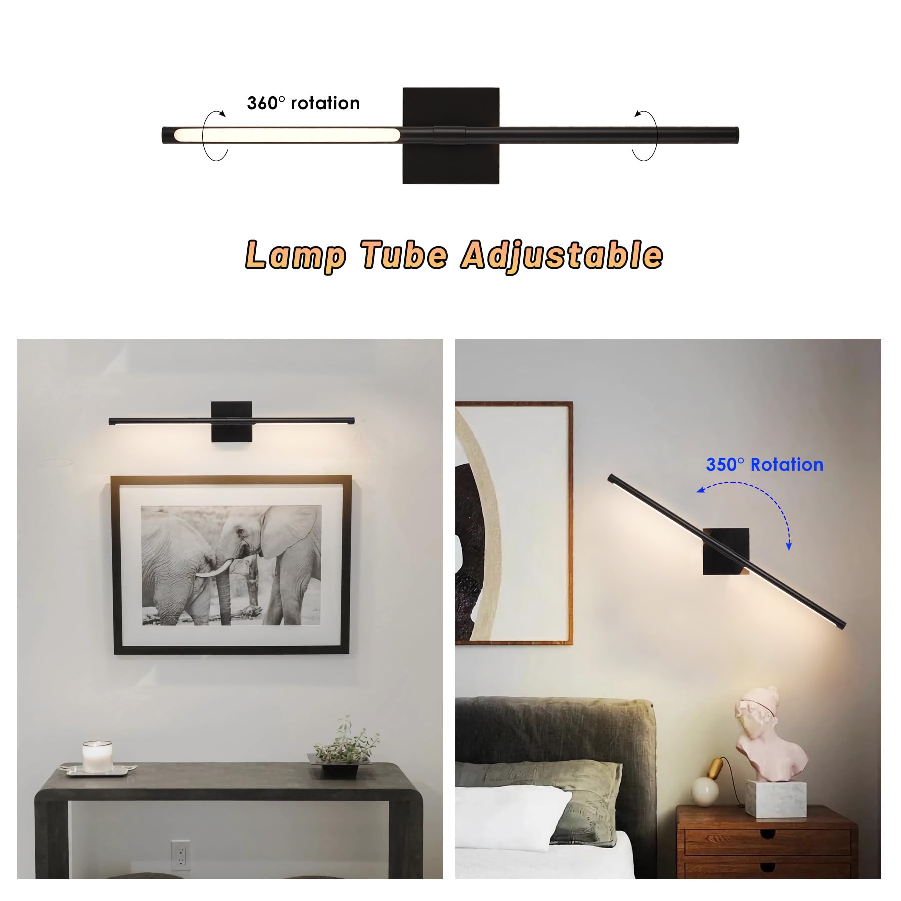 GWONER Battery Operated LED Wall Sconces, 25" Black, Wireless Dimmable with Remote, 360° Rotate, Model GW211B-2