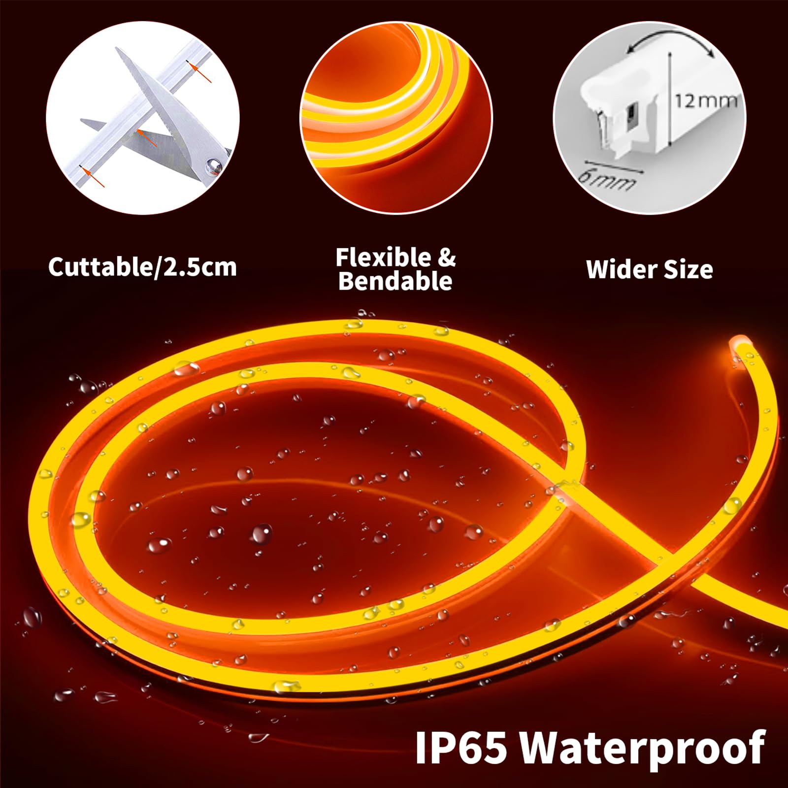 iNextStation LED Strip Lights, 16.4FT Orange Neon Rope Lights, 12V Waterproof Silicone with Power Adapter