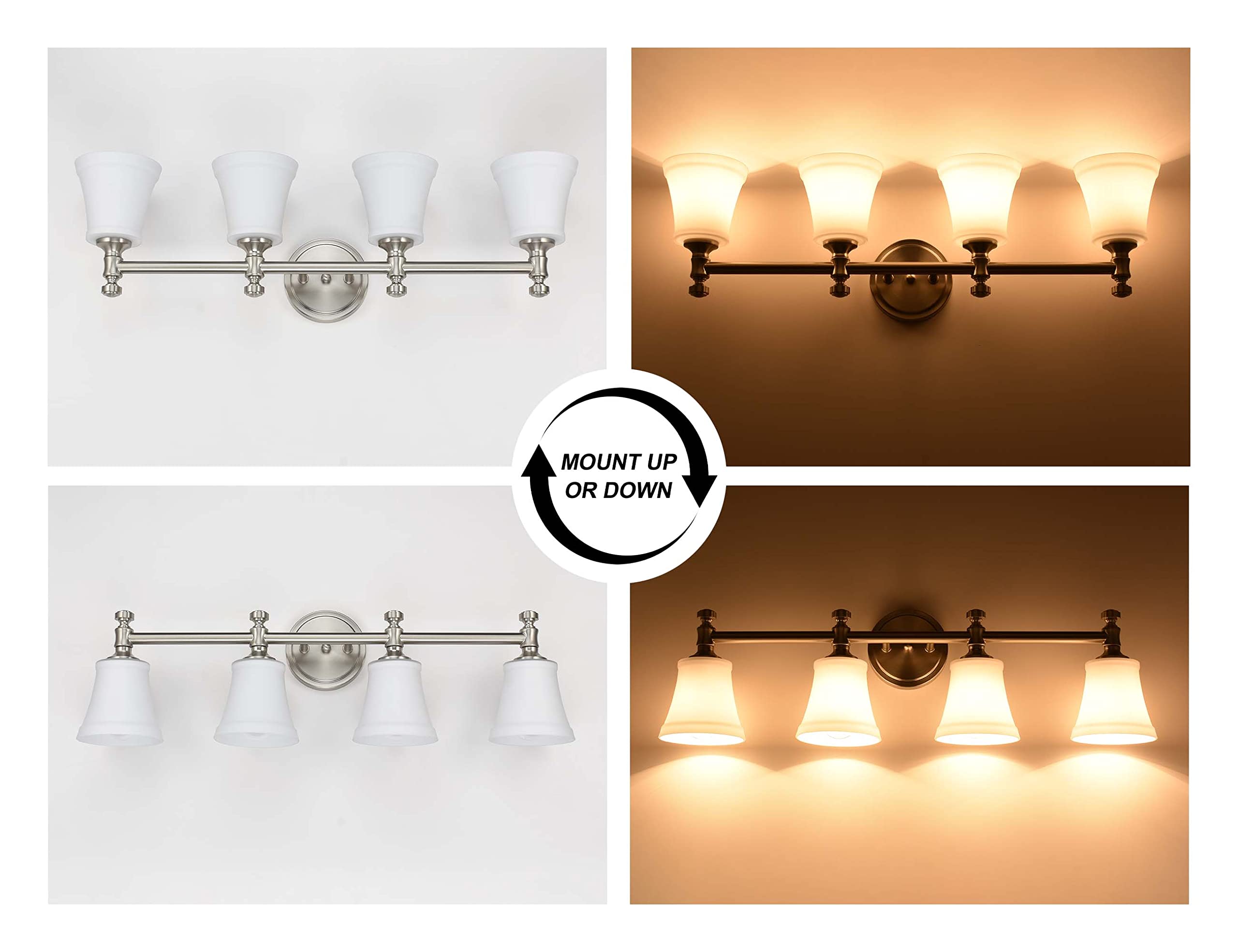 Hanaloa Bathroom Vanity Light Fixtures, Traditional Brushed Nickel 4 Lights Wall Sconce Lighting With Opal Glass Shade, Porch Wall Mount Light Fixture For Bathroom, Mirror Cabinets Hallway Stairs