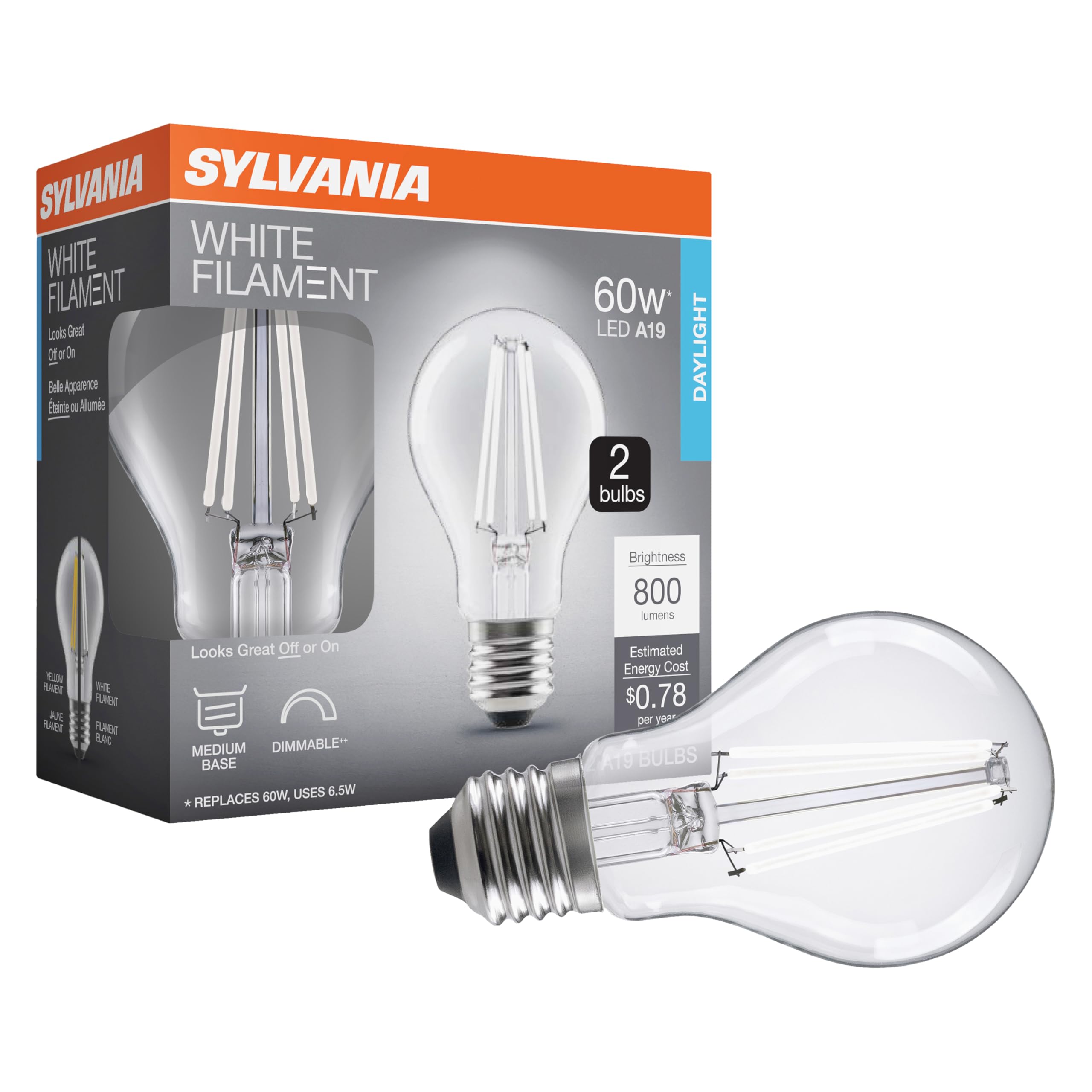 Sylvania A19 Clear Led White Filament Bulb, 6.5W, Dimmable, 800 Lms, Medium Base, 5000K, Daylight - 2 Pack (42171)