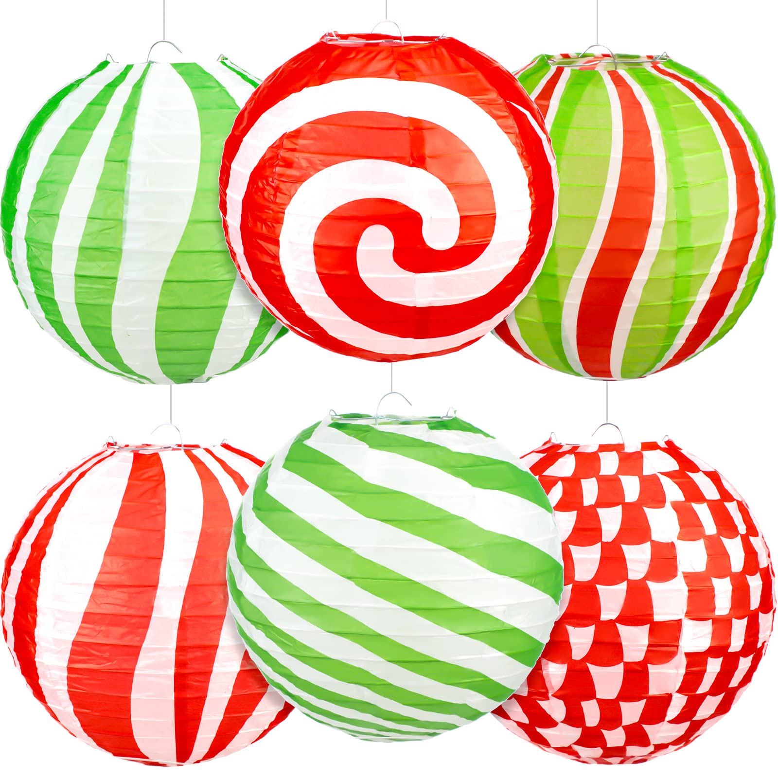Spiareal 6 Pcs Candy Canes Peppermint Party Hanging Paper Lanterns Decor For Christmas Colorful Round Lollipop Xmas Tree Baby Sh