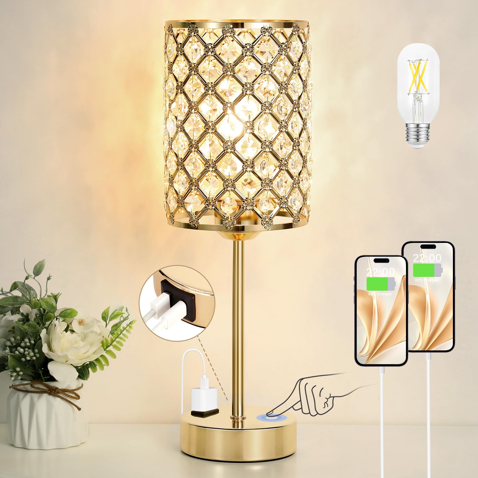 Gold Lamp for Nightstand-Crystal Table Lamp with USB-C+A & AC Charging Ports, 3-Way Dimmable Nightstand Touch Lamp, Bedside Desk
