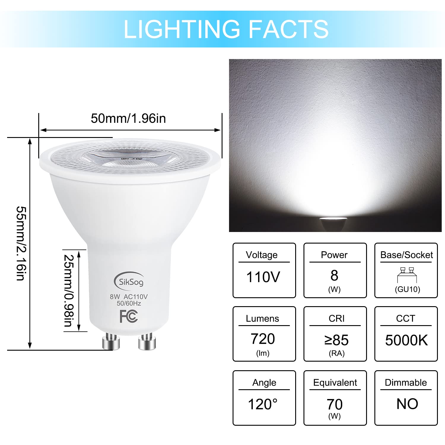 SikSog GU10 LED Light Bulb 5000K Daylight White, 70W Equivalent, Non-Dimmable, 120° Beam Angle, Pack of 10, Plastic