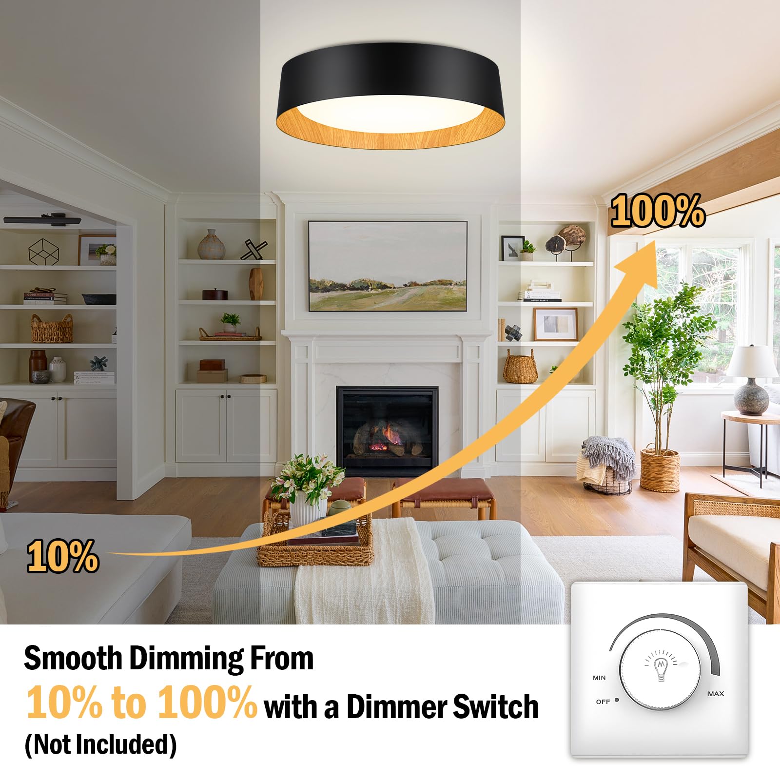 BrightHome LED Ceiling Light Fixture, 16in, Dimmable, 3000LM, 30W, 5CCT (2700K-6000K), Black and Wood,