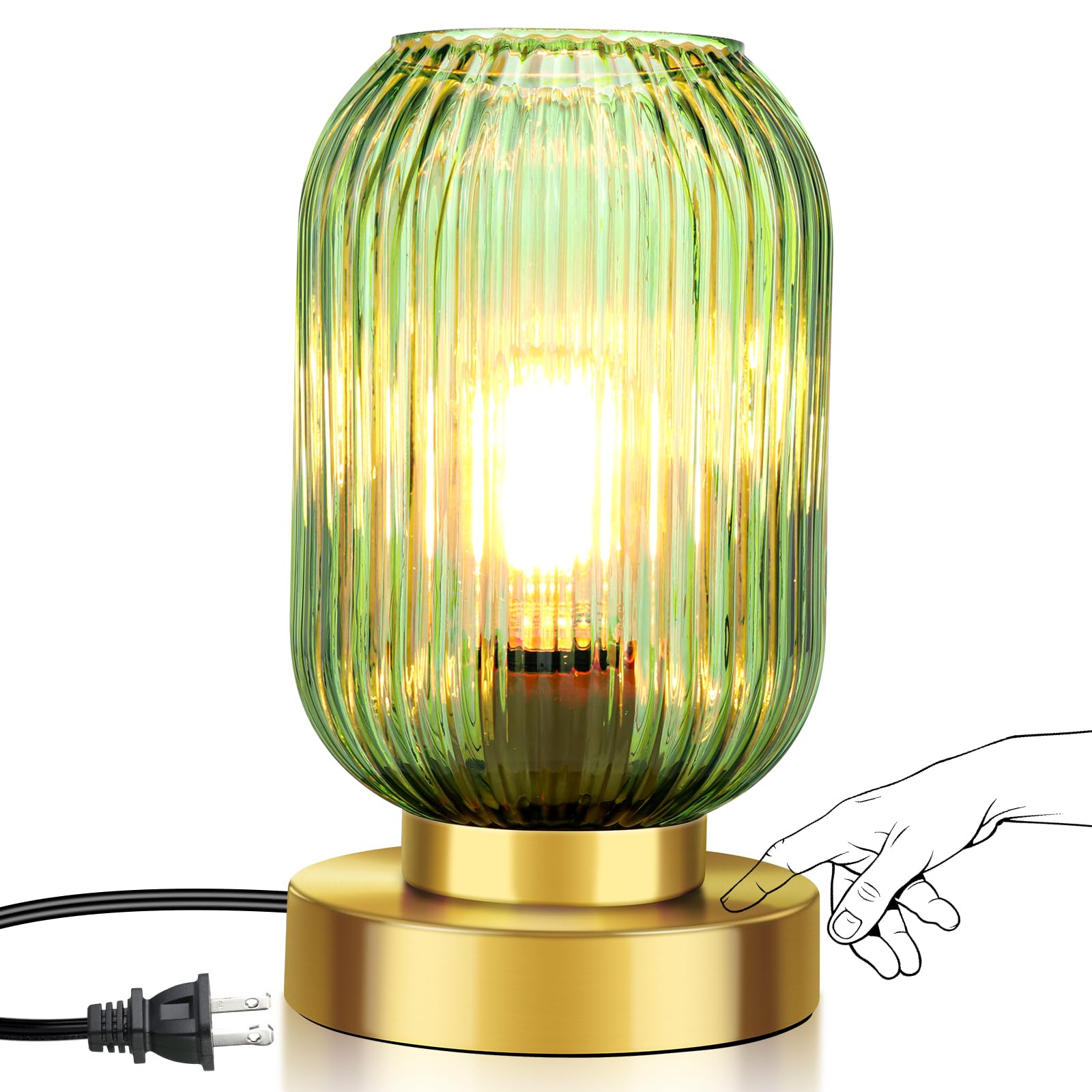 LEDIKON Touch Control Mid Century Modern Table Lamp, 3 Way Dimmable, Green Glass, Small Gold, Vintage Bedside Lamp for Bedroom, 