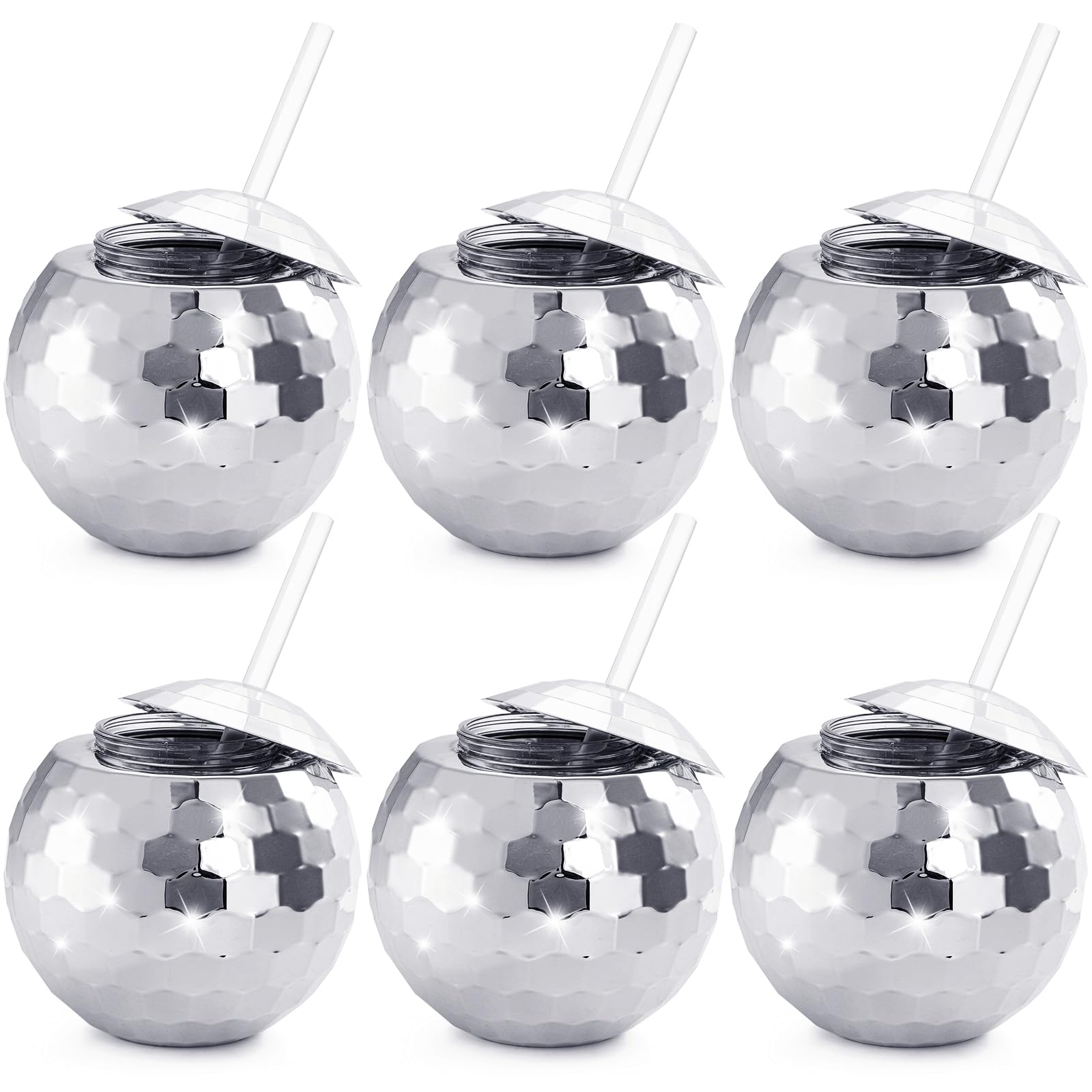 Nicunom 6 Pack Disco Ball Cups with Lids & Straws, 19 Oz Silver Disco Ball Tumbler 1970s Disco Flash Ball Cocktail Cup Sparkly G
