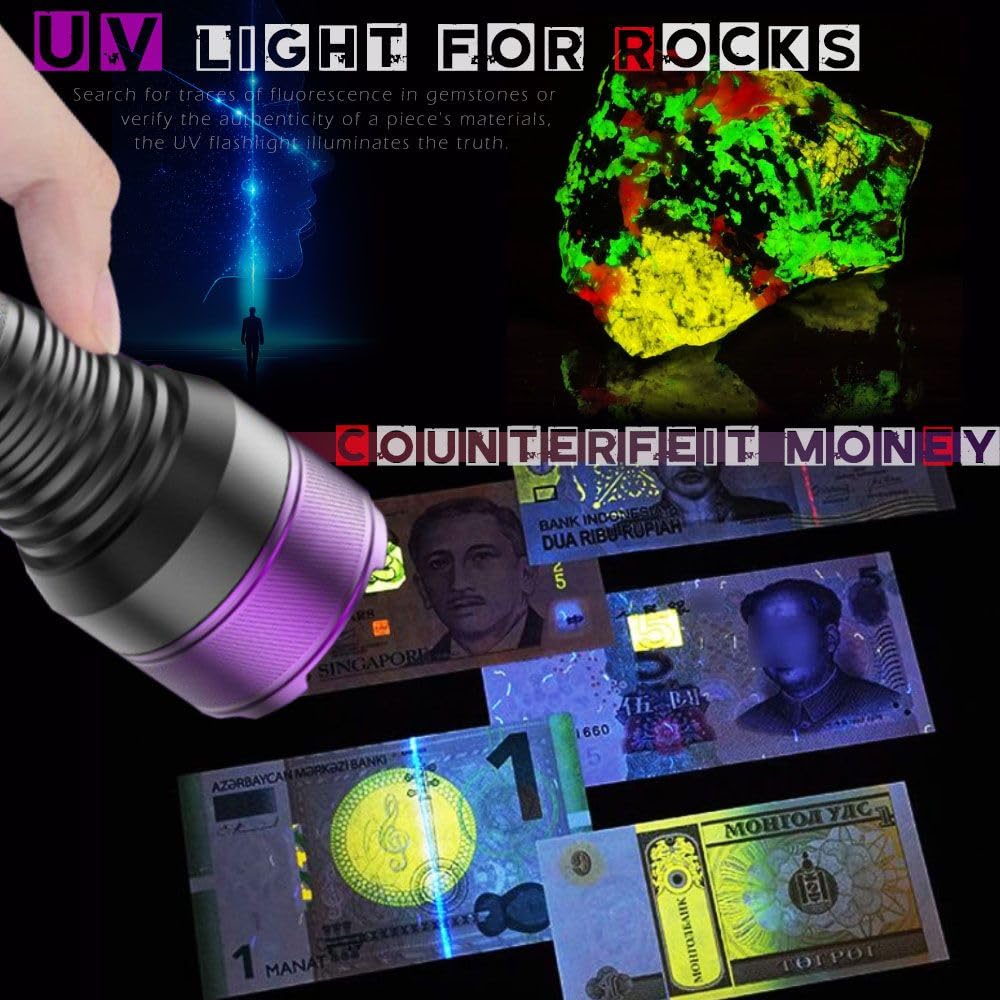 LBJD 365NM UV Blacklight Flashlight, 4-Core LED, Aluminum, Small, Multicolor, Model PUR365NN