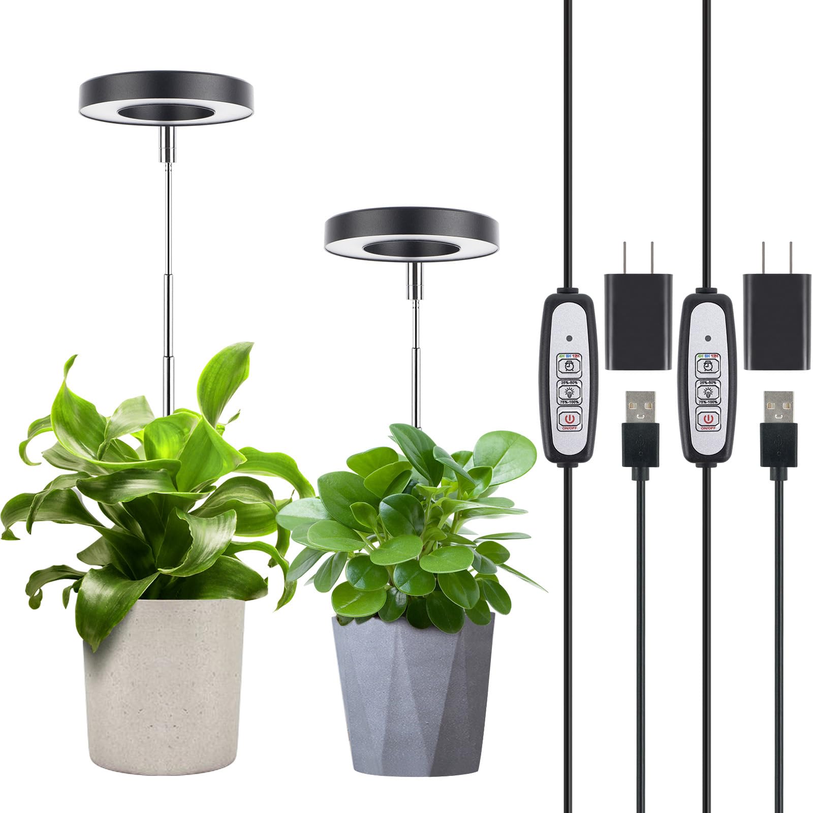 Lordem Plant Grow Light, Full Spectrum Led Plant Light For Indoor Plants, Growing Lamp With Auto On/Off Timer 4/8/12H, 4 Dimmable Brightness, 2 Packs Of Black