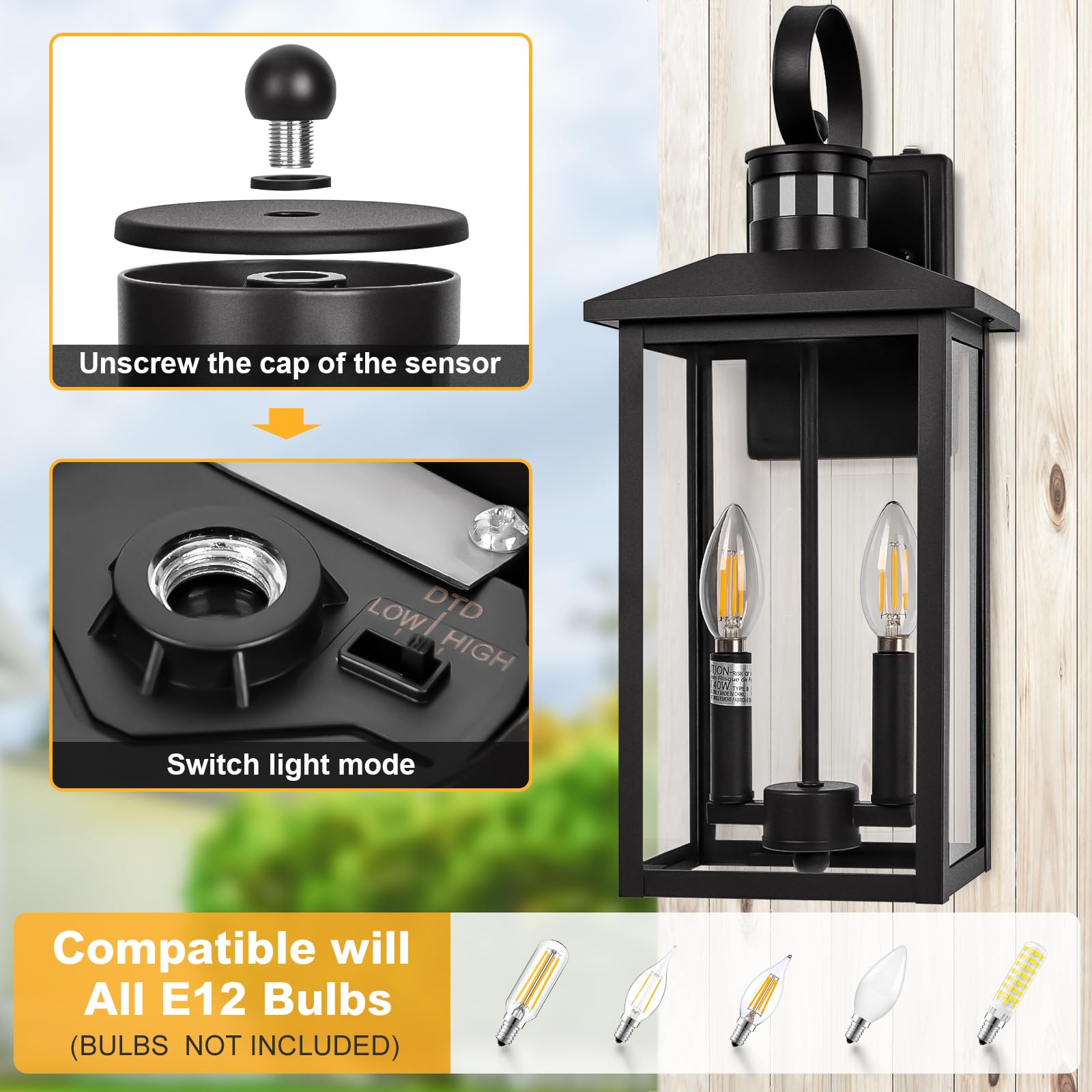 Large Motion Sensor Outdoor Wall Lights, 18" Black Dusk To Dawn Outdoor Light, 2-Light Aluminum Outdoor Light Fixture With E12 Socket, Etl Listed Outside Porch Light Wall Mount For House, Proch
