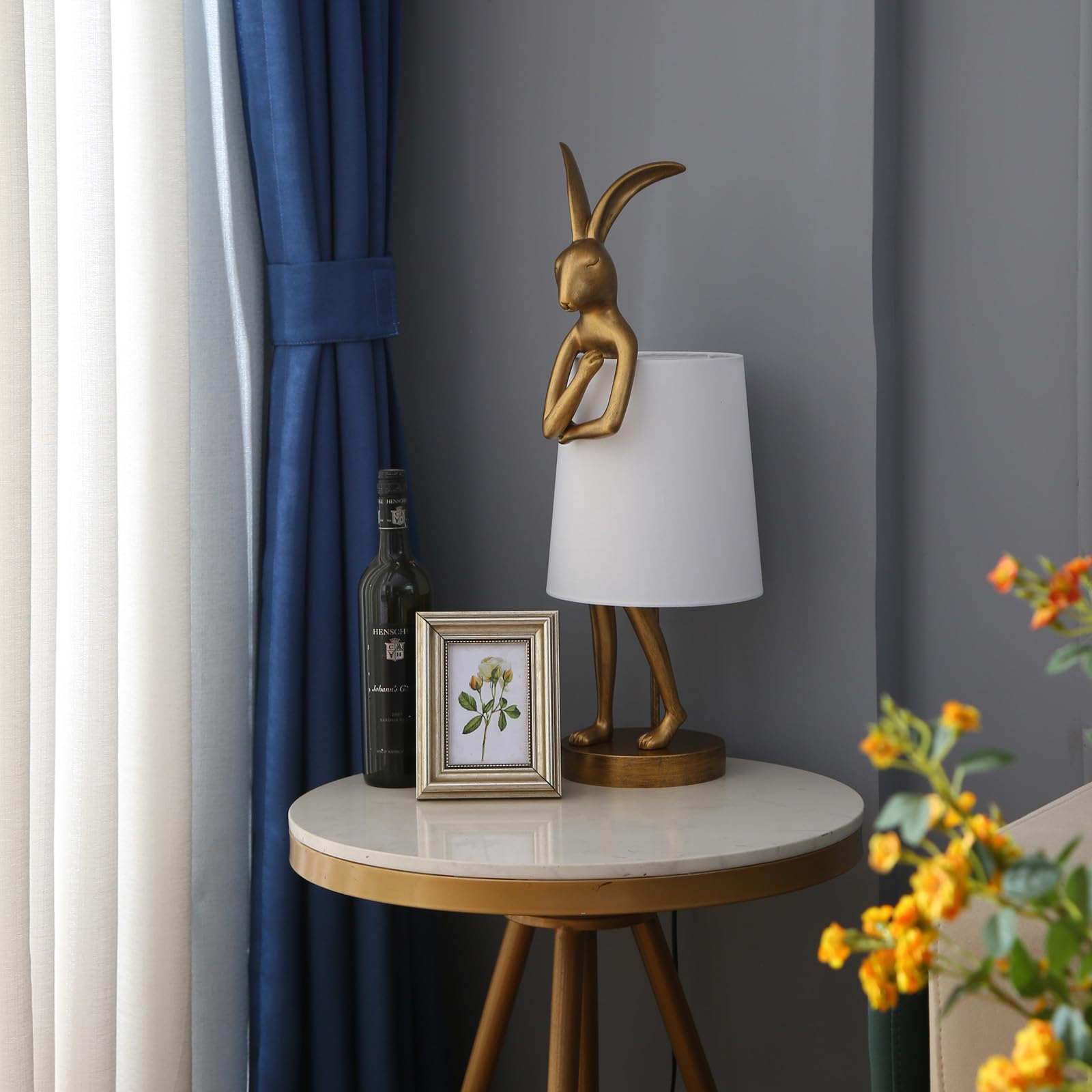 Nordiem Cute Rabbit Animal Table Lamp,Big Size 25.6'', Gold Resin Bunny Decor Led Desk Light,White Linen Shade,Home Eye Protecti