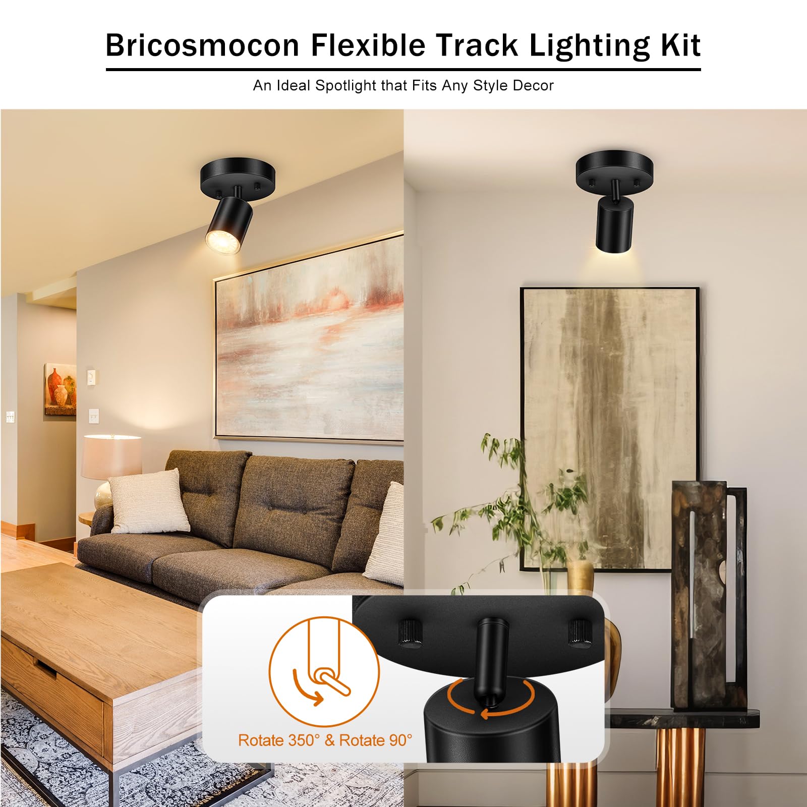 Black Track Lighting Fixture, Modern Kitchen Light Fixtures Ceiling, 1-Light Rotatable Led Track Lights, Semi Flush Wall Sconces