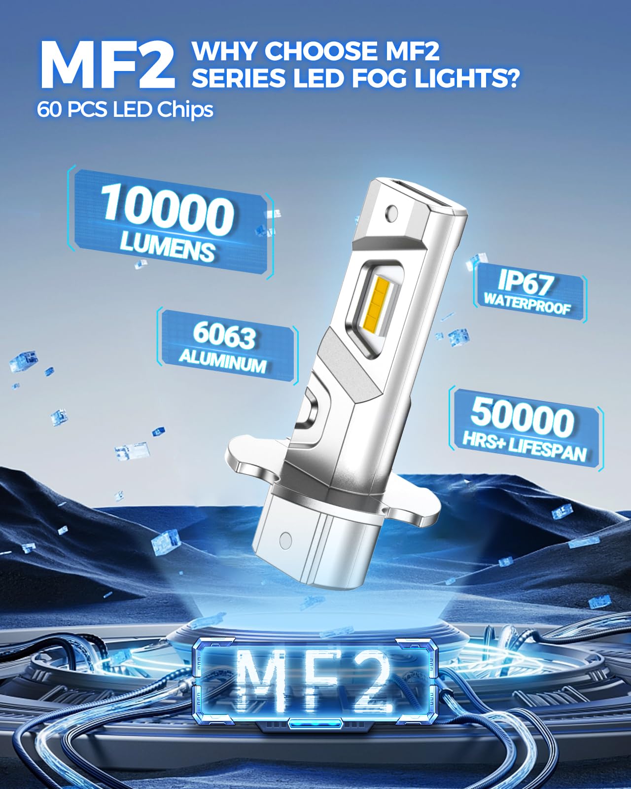 Marsauto H3 Yellow LED Fog Light Bulb - 12000LM Amber 3000K, Upgraded CSP Chips, Pack of 2, MF2 H3 Size