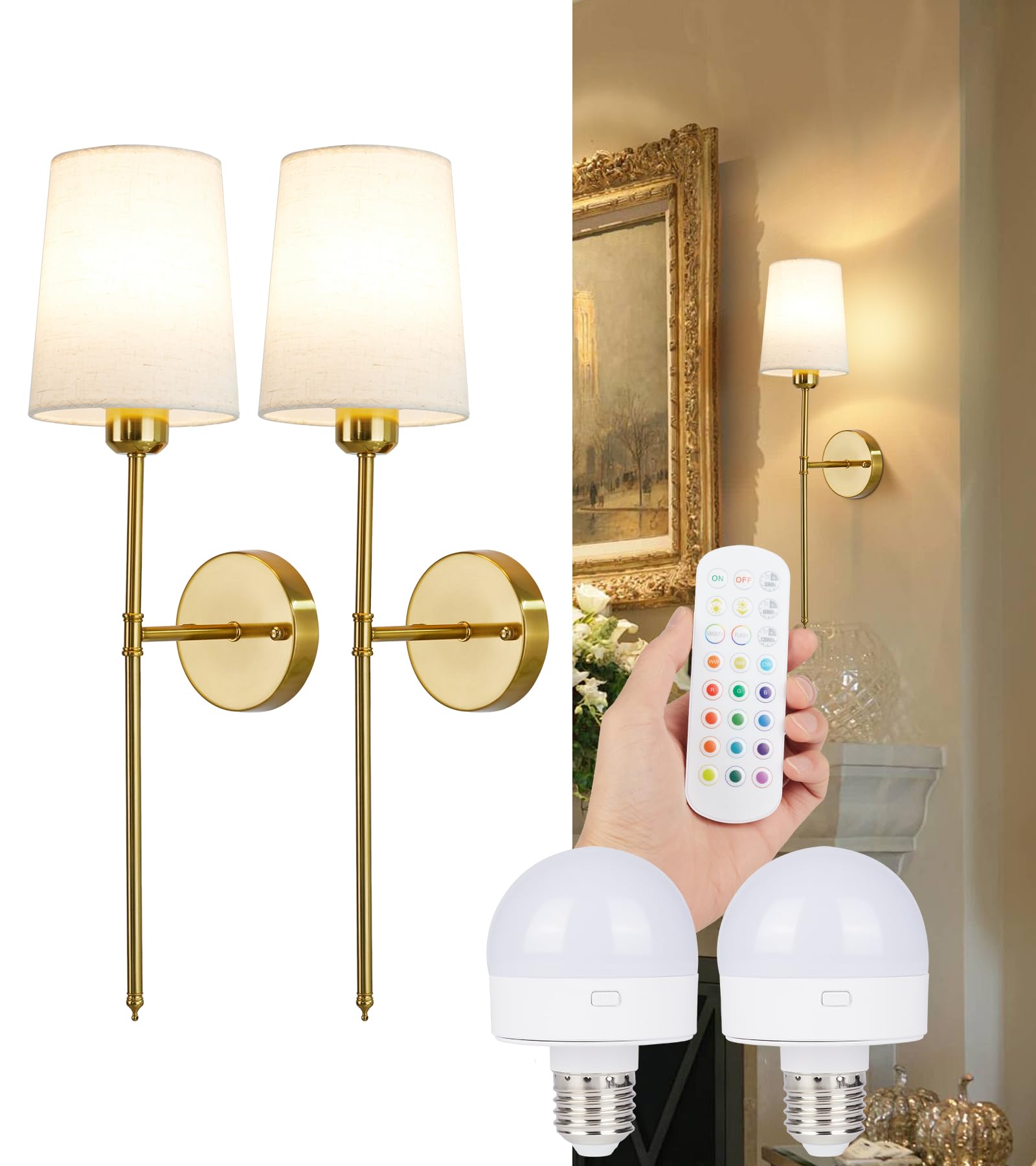 Qiandenghui Battery Operated Wall Sconce Set of 2, 12RGB Colors Light Bulb & Remote Control, Wireless Wall Light with Rechargeab