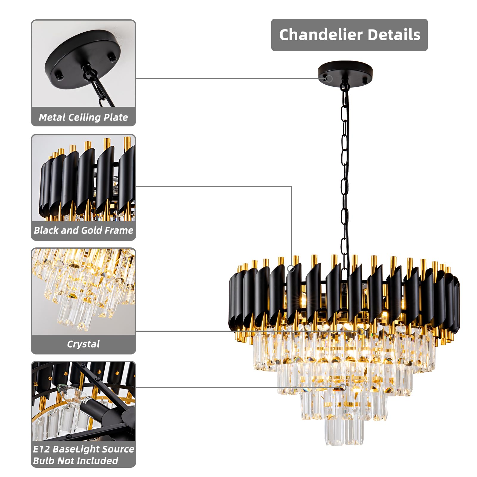 Aixialin Modern Chandelier - Gold And Black 4-Tier Crystal Round Hanging Pendant 7-Light Fixture For Dining, Bedroom, Living Roo