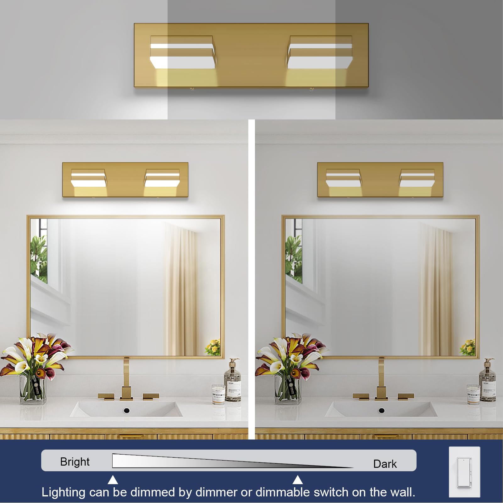 SineRise LED Bathroom Vanity Light Fixture, 2-Light, 15.5-Inch, Dimmable, Brass, Stainless Steel, Model SF20250921B0F98PGS33