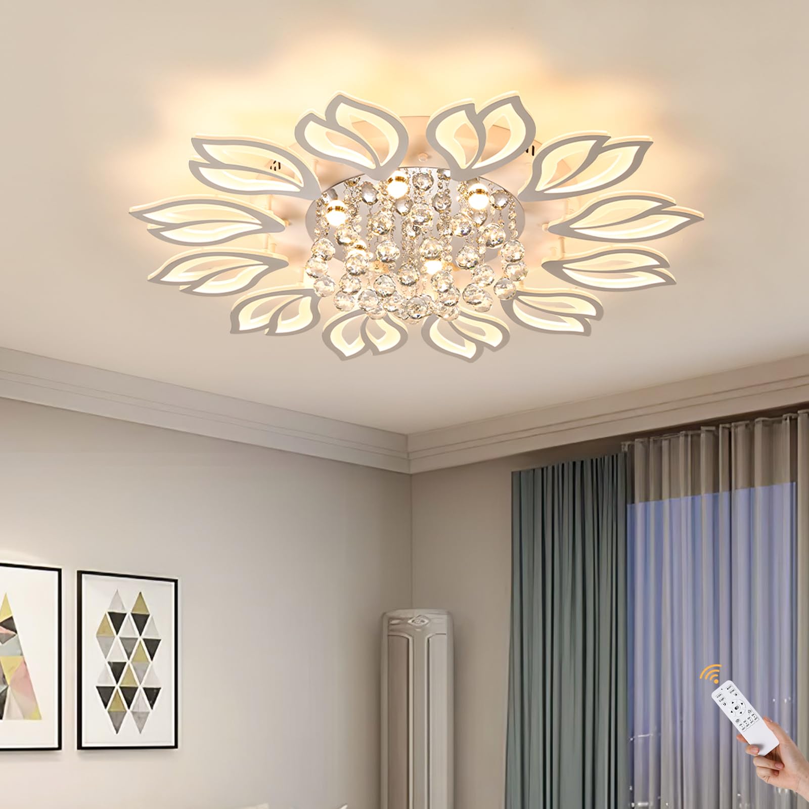 Garwarm Modern Ceiling Light 40.7 In Dining Room Light Fixture 12 Petals Flower Flush Mount Ceiling Lights Chandelier Bedroom Living Room Kitchen Office Lighting Fixture 100W White
