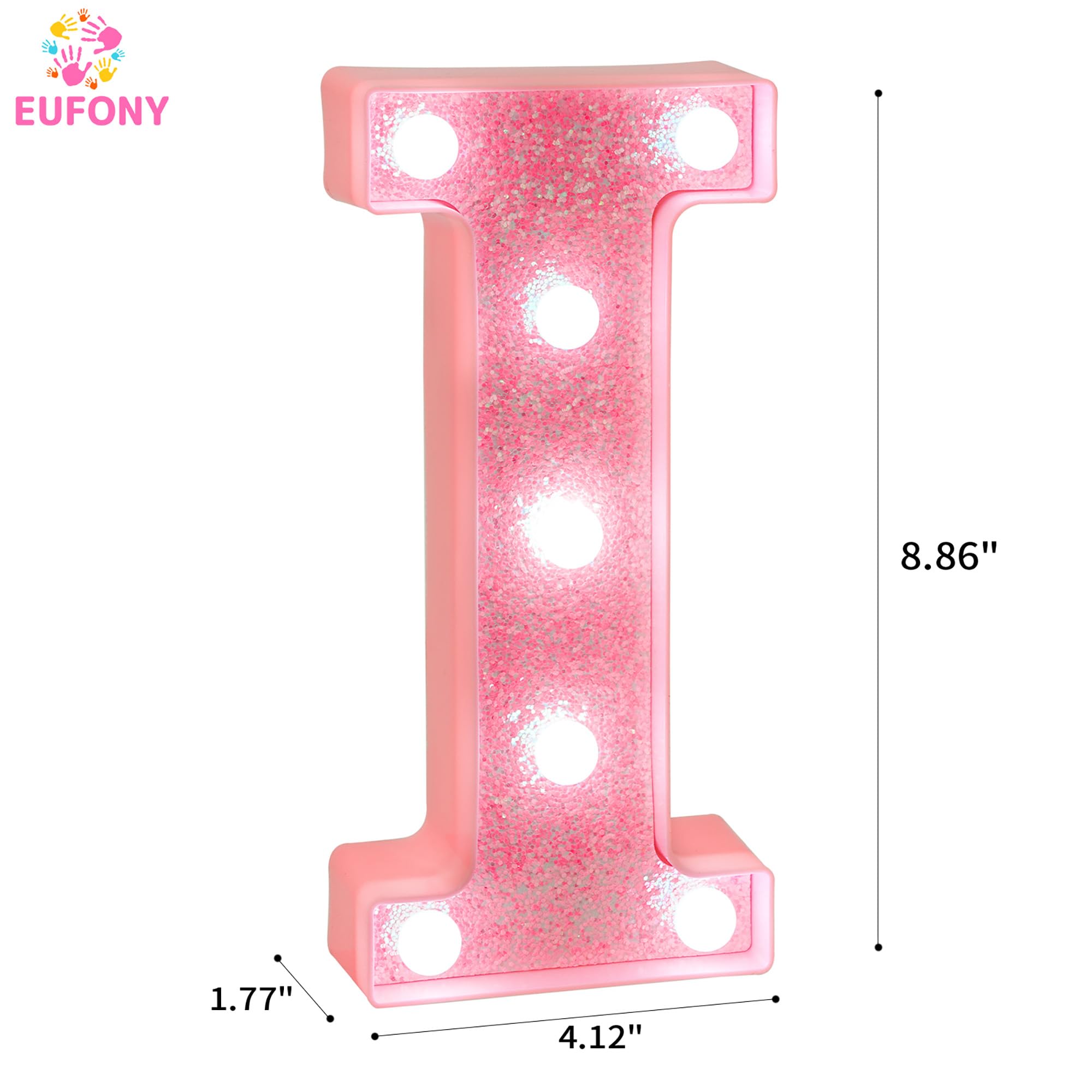 EUFONY Pink Glitter LED Marquee Light Up Letter I with Cool White Lights, Battery-Powered Alphabet Letter Sign for Girls Gift, B