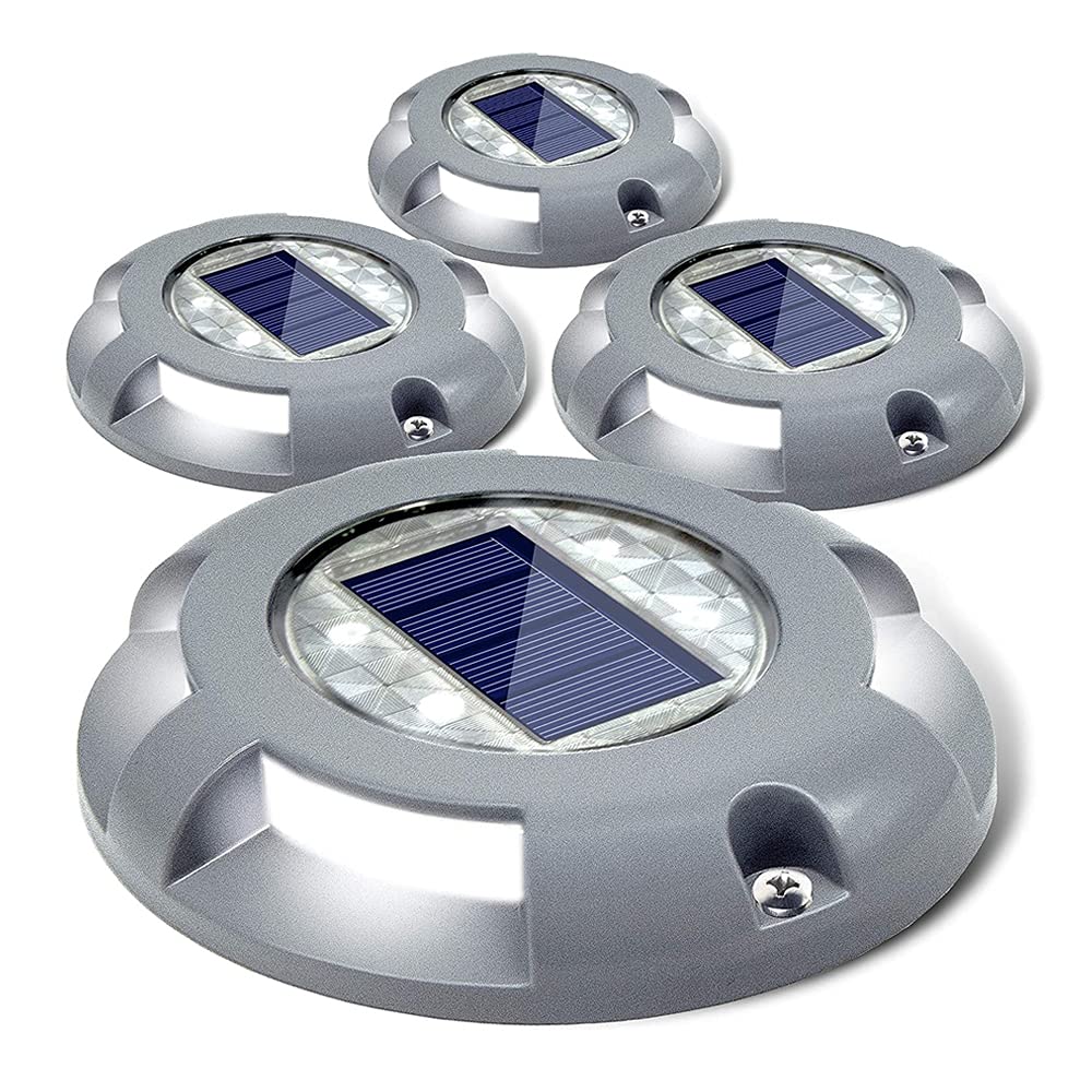 SIEDiNLAR Solar Deck Lights - LED Waterproof Road Markers, 4 Pack, White Light, Aluminum, Model SD0115W