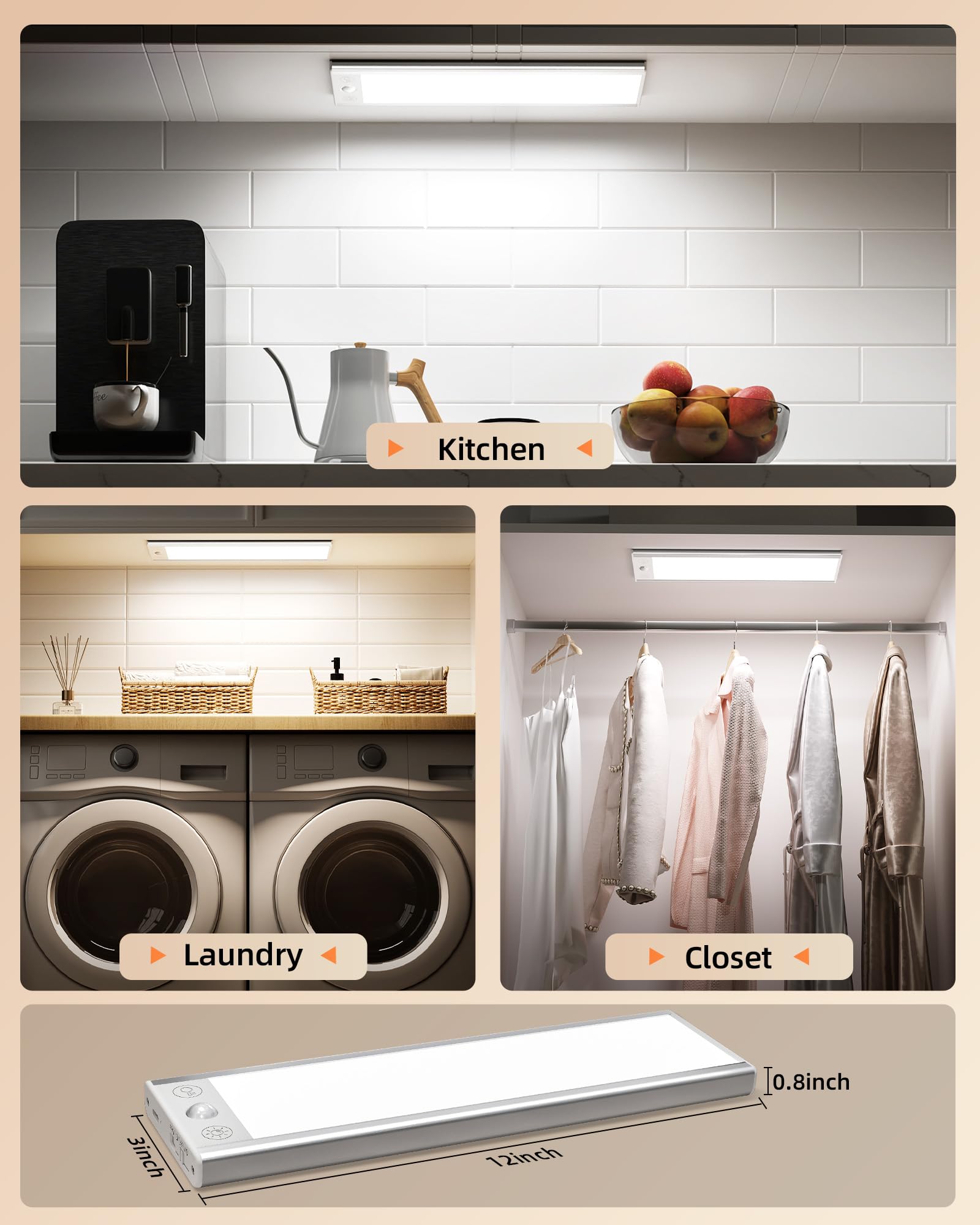 EZVALO Under Cabinet Lighting - 200LM Wireless Motion Sensor Light, 12" Aluminum, Dimmable, 2 Pack, Rechargeable Battery, Indoor Use