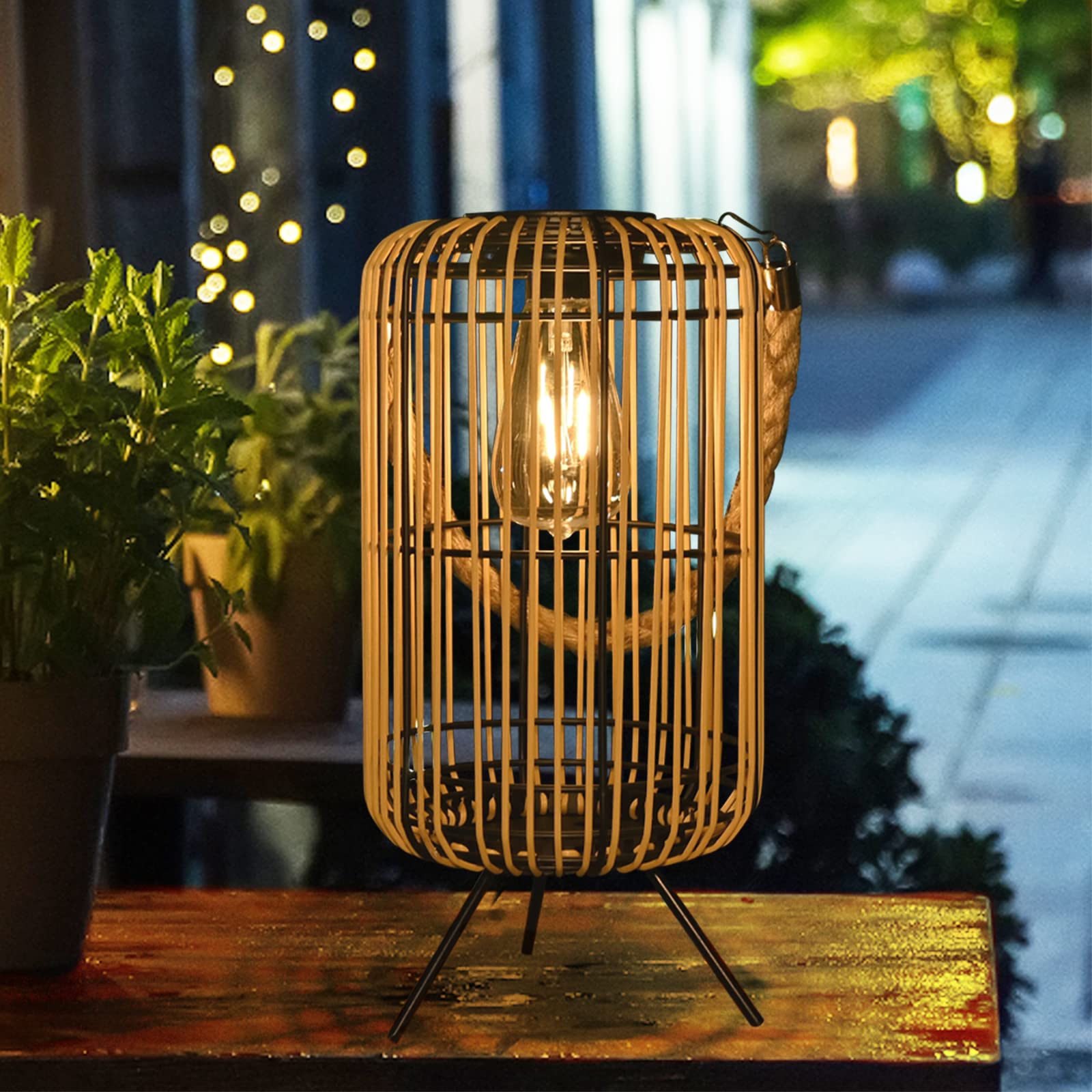 Livinlarge Solar Lantern - Waterproof Rattan Hanging Light with Handle, Bright Edison Bulb for Garden Patio Decoration, Multicolor