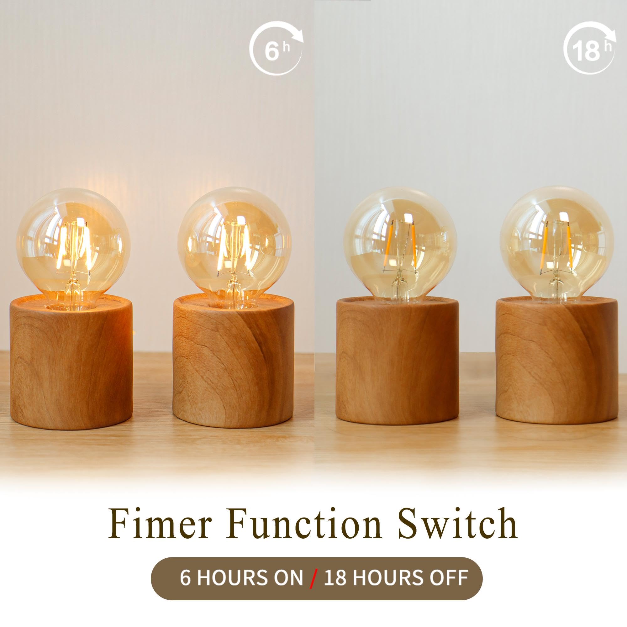 Jhy Design Set Of 4 Wood Grain Table Lamp 6.5 Tall Cordless Lamp Light With Edison Style Bulb And 6 Hours Timer Battery Operated
