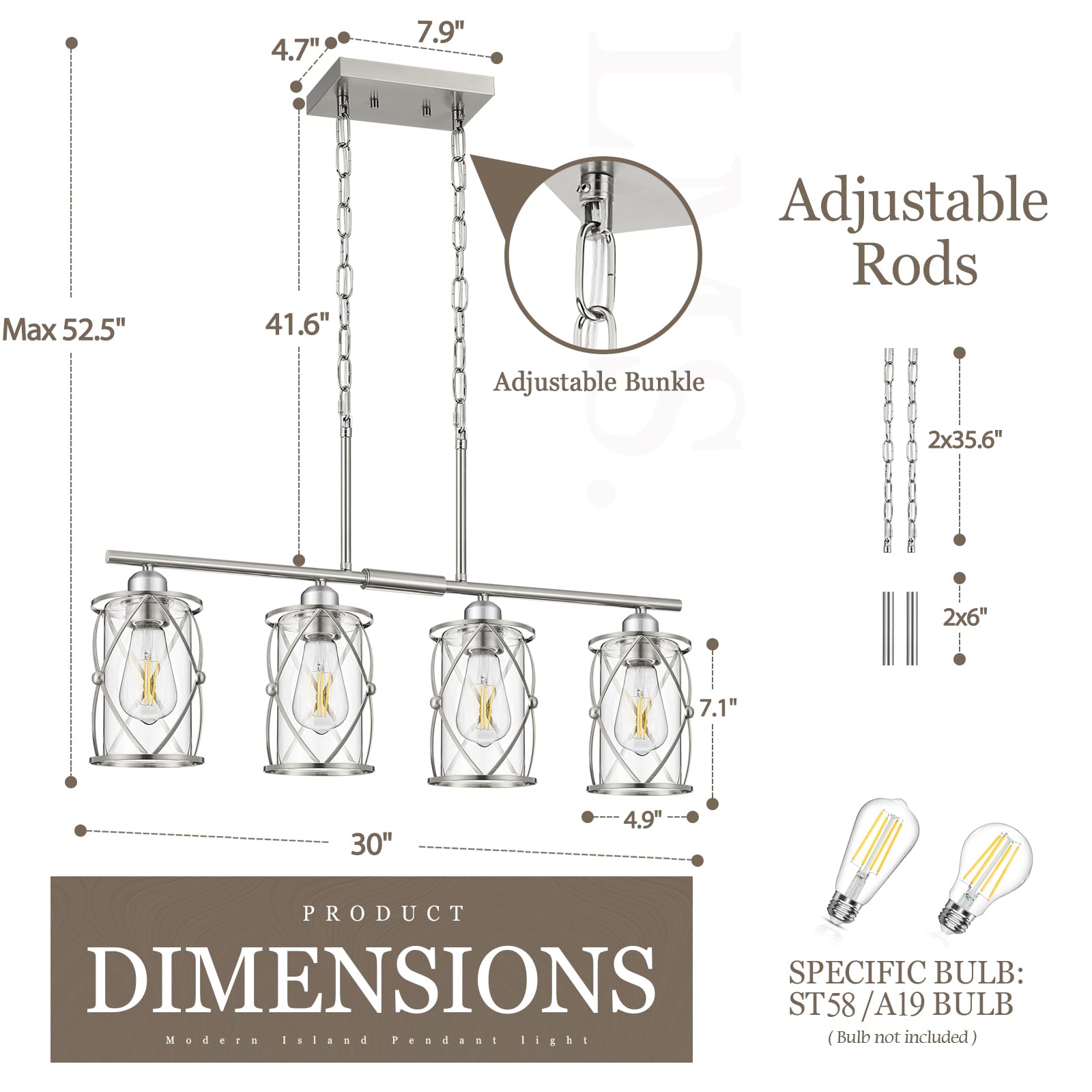Osimir 4-Light Kitchen Island Lighting, Modern Brushed Nickel Dining Room Light Fixtures With Clear Glass, Farmhouse Industrial