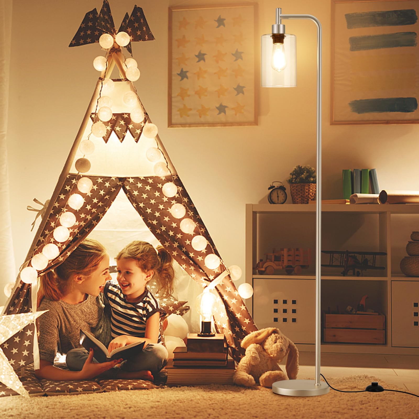 Ziisee Floor Lamps For Living Room - Industrial Standing Lamp With Glass Shade, Modern Gold Floor Lamp With Led Bulb, Tall Lamp