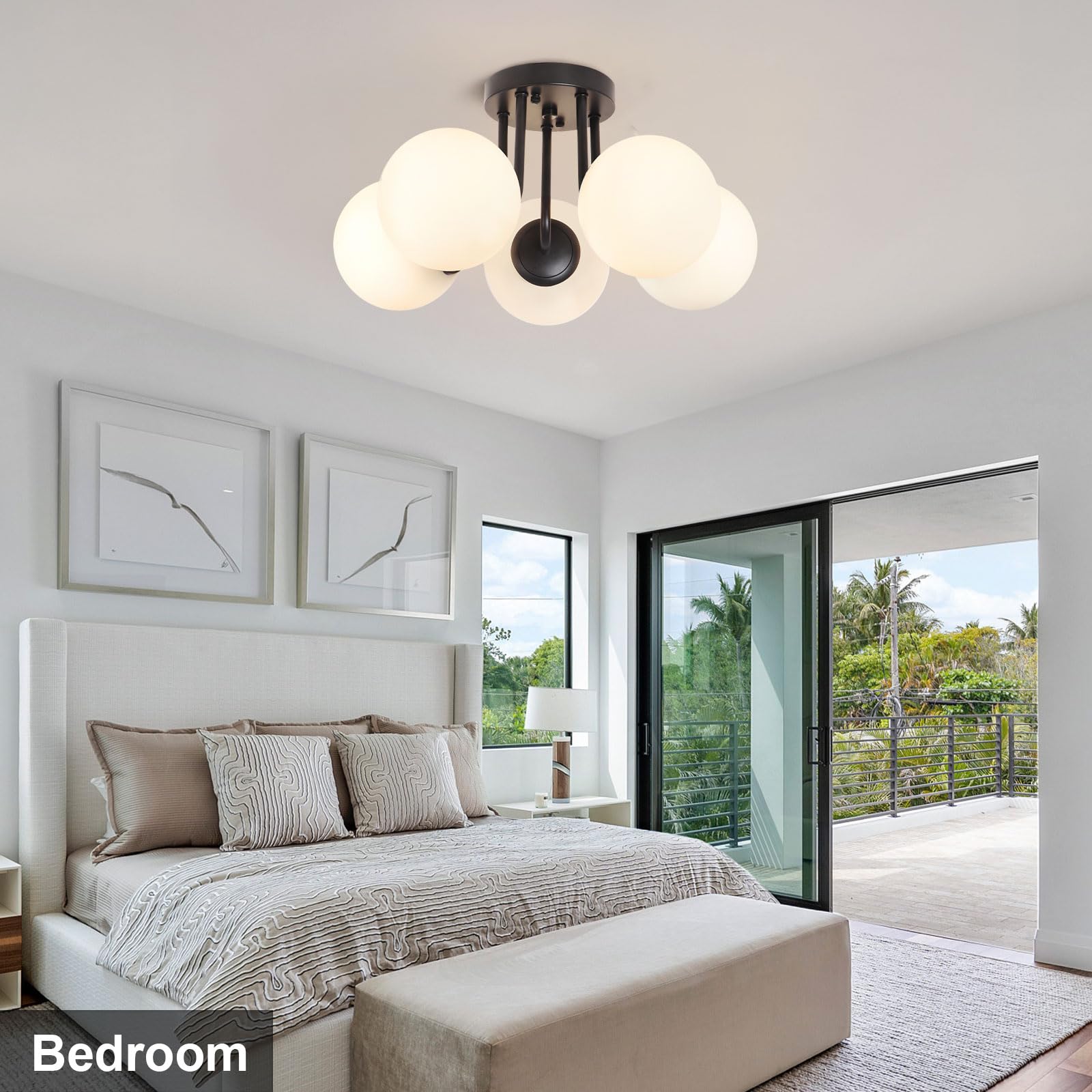 Bektas 5-Lights Semi Flush Mount Ceiling Light Fixture Matte Black Light Fixture Bend Modeling With Milk Glass Globe For Bedroom,Living Room,Dinning Room Foyer Hallway