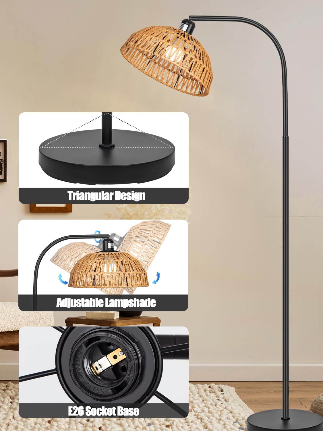 Farmhouse Rattan Floor Lamp, Black Rustic Tall Floor Lamp, Boho Floor Lamps With Hanging Adjustable Hand-Worked Rattan Shade, Foot Switch, Black Pole Lamps For Living Room (Bulb Not Included)