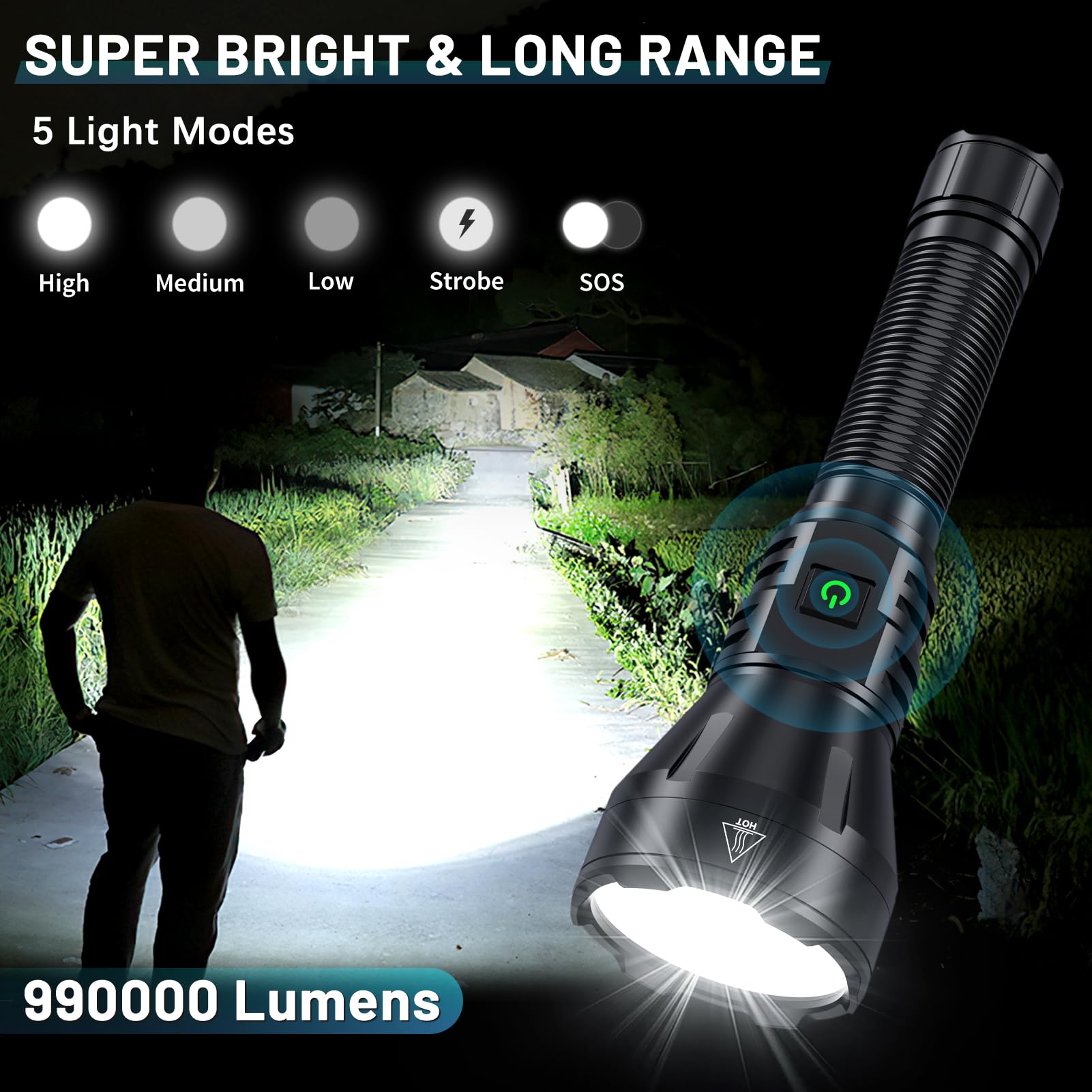 Rechargeable Flashlights High Lumens, 990000 Lumens Super Bright Flashlight, 5 Modes Led Powerful Flashlight Adjustable & Waterp