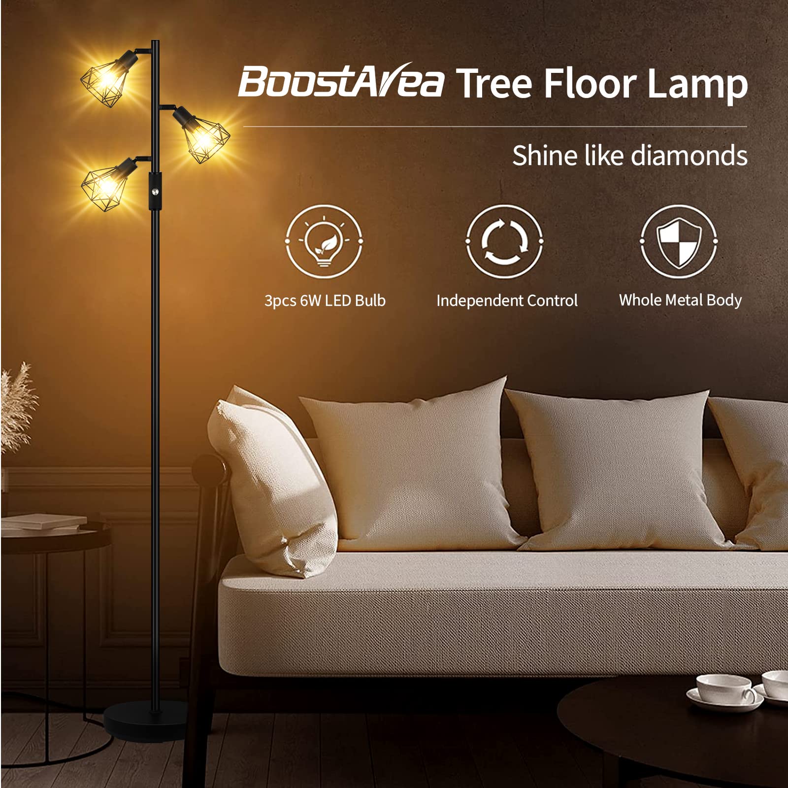 Floor Lamp, Industrial Floor Lamps For Living Room,Tree Standing Lamp Bright With 3 Charm Diamond Head 1200 Lumens Edison Bulbs
