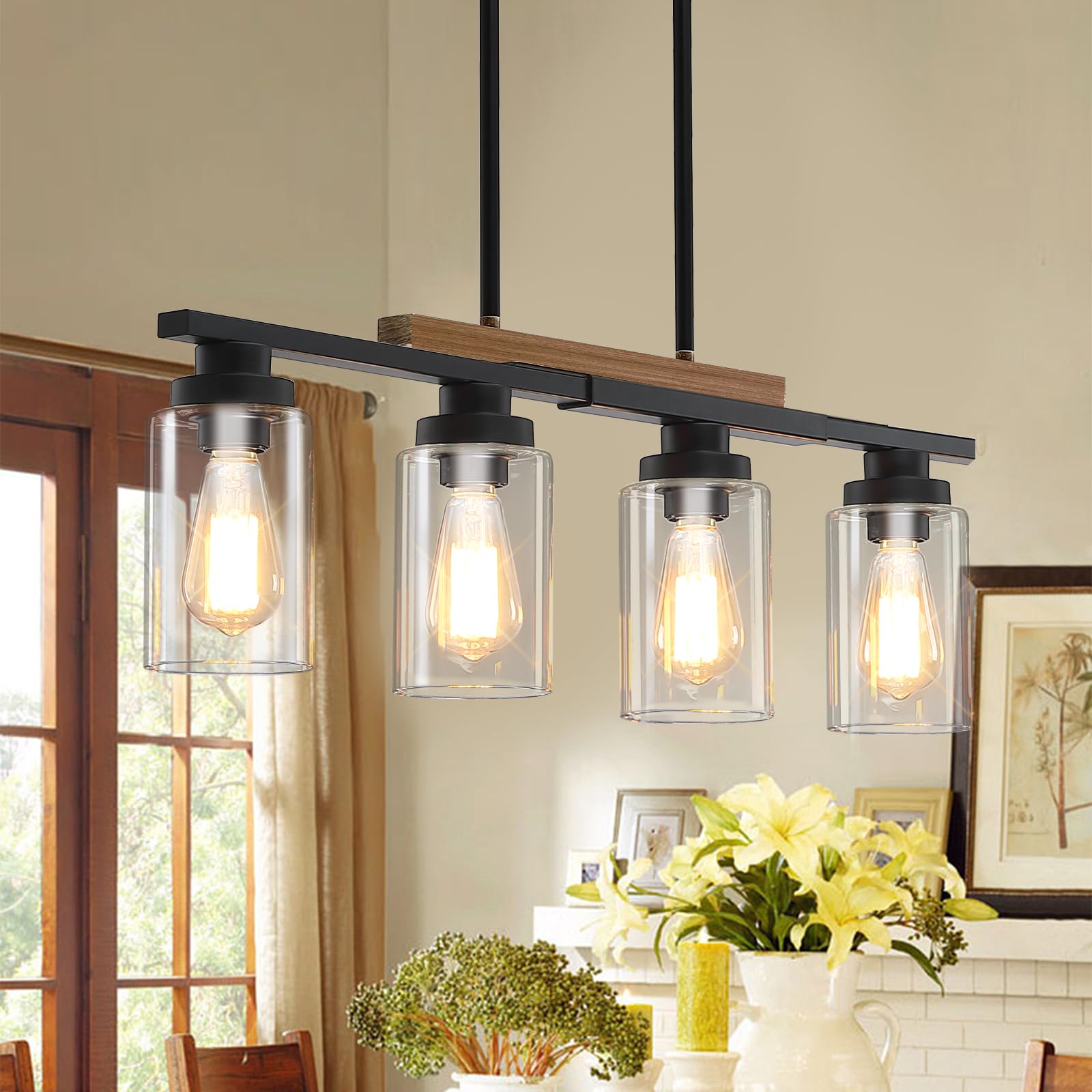 Dining Room Light Fixture Over Table,Farmhouse 4-Light Kitchen Island Lighting,Modern Wood Chandeliers For Dining Room With Adjustable Height,Industrial Black Kitchen Pendant Hanging Lights