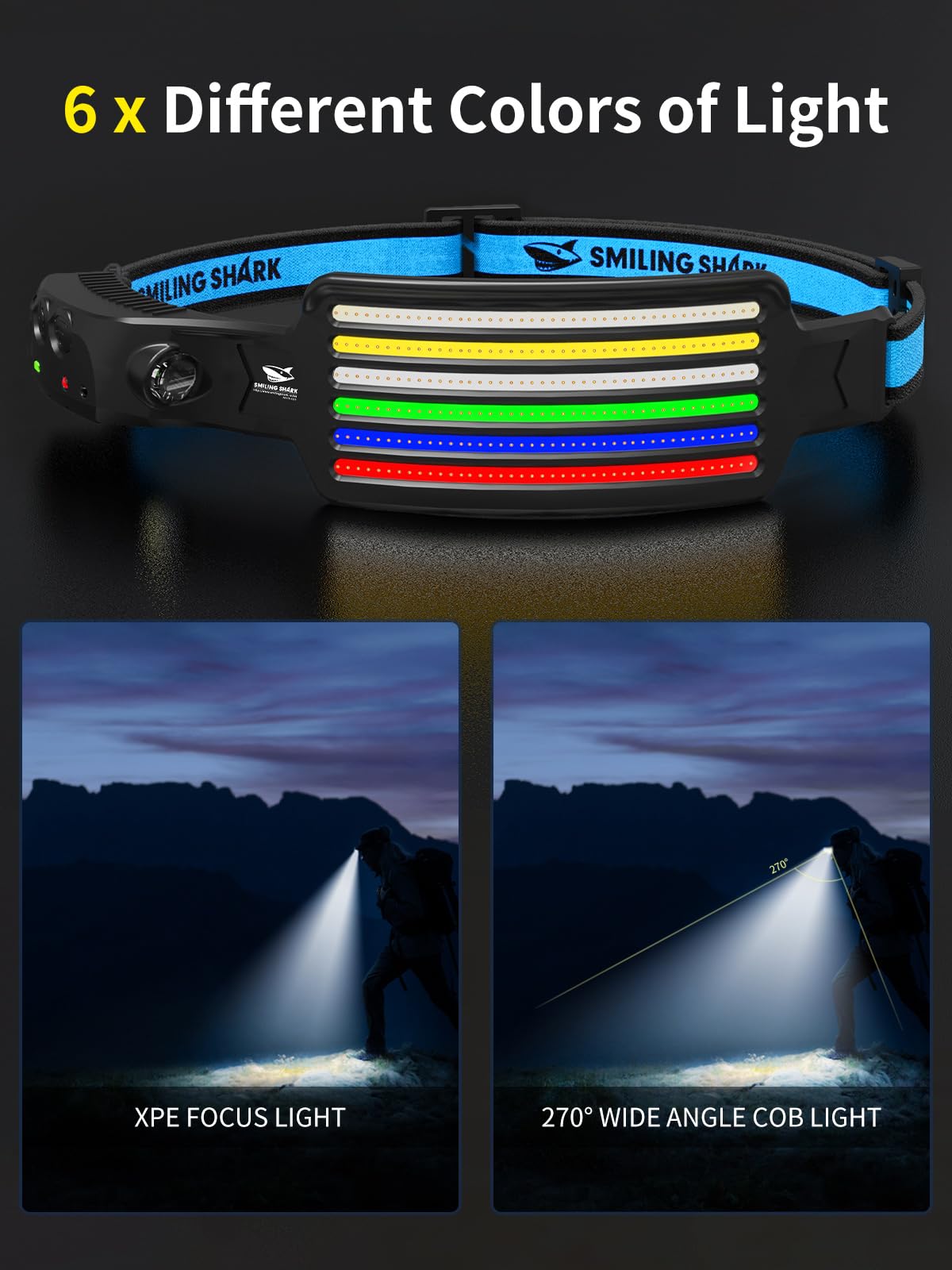 Smiling Shark Rechargeable Headlamp 2 Pack, 230° Wide Angle LED, Waterproof, Motion Sensor, Multicolor, Model TD-0123