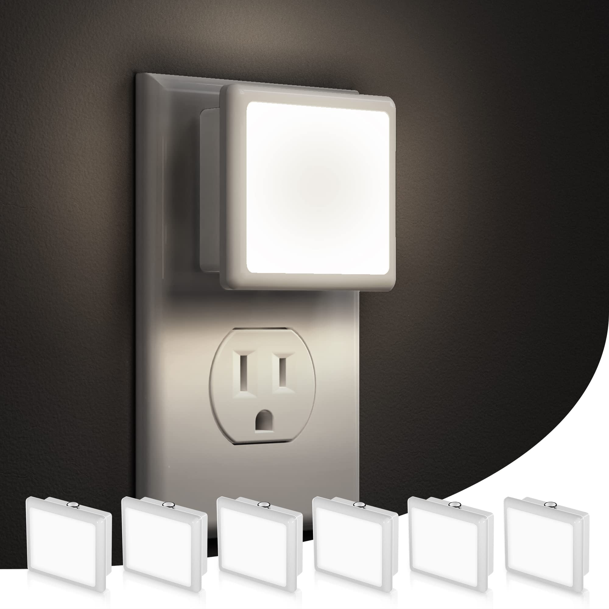 L LOHAS LED Night Lights, 6-Pack, Dusk-to-Dawn Sensor, 5000K Daylight, Plastic, Auto-On/Off, Ideal for Bedroom, Bathroom, Kitchen