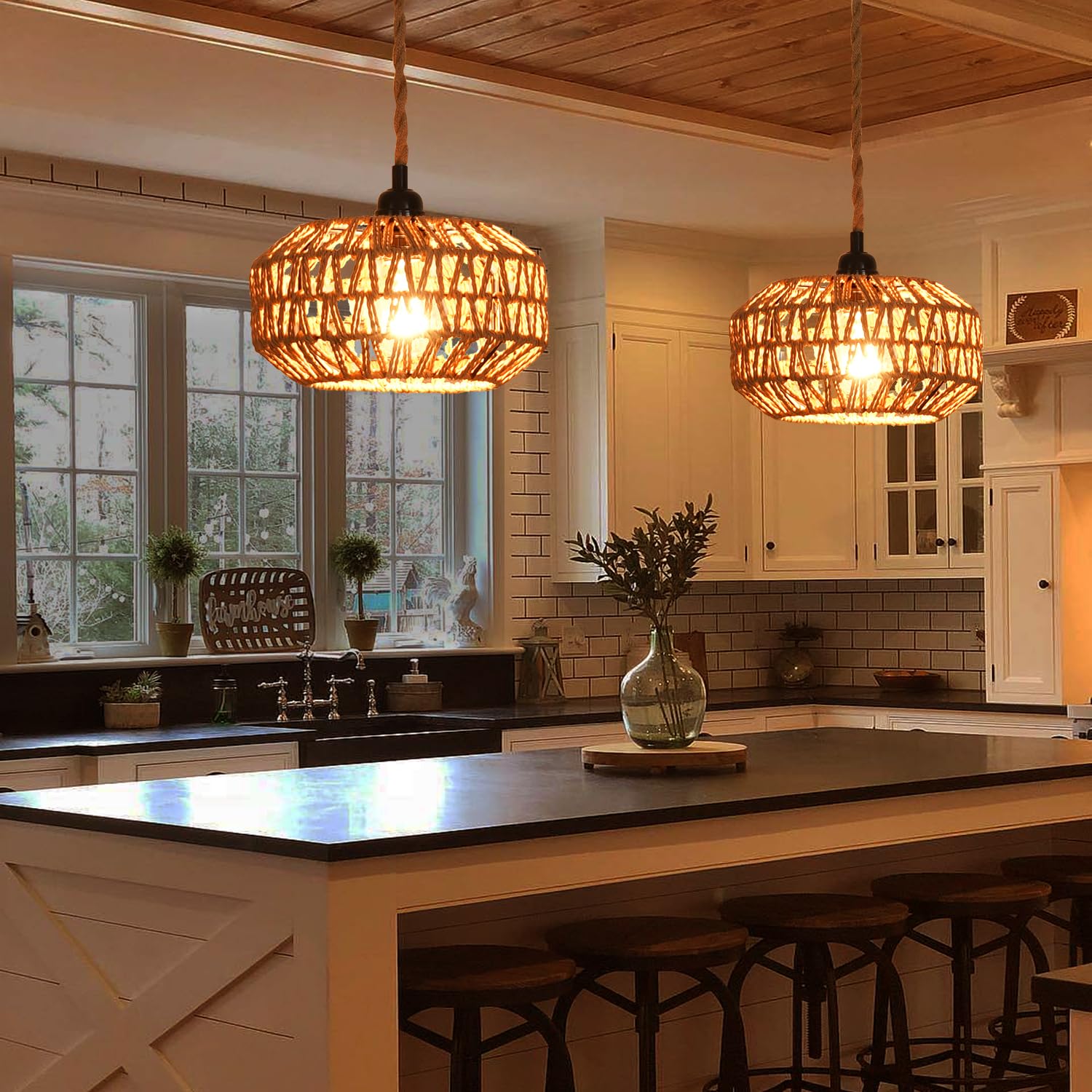 IHENGYANLT 2 Pack Rattan Plug-in Pendant Light, Hand Woven Mini Ceiling Lamp, Metal, Boho Style, Model C1220Z