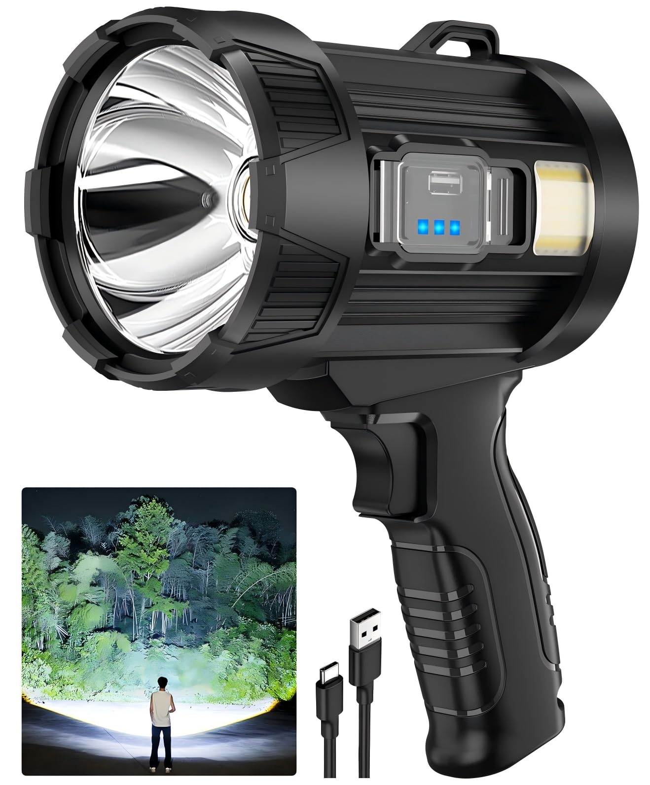 ALSTU 2,000,000 Lumens Rechargeable Spotlight Flashlight, Super Bright Handheld LED Spot Light with Solar Panels, COB Light & 3 