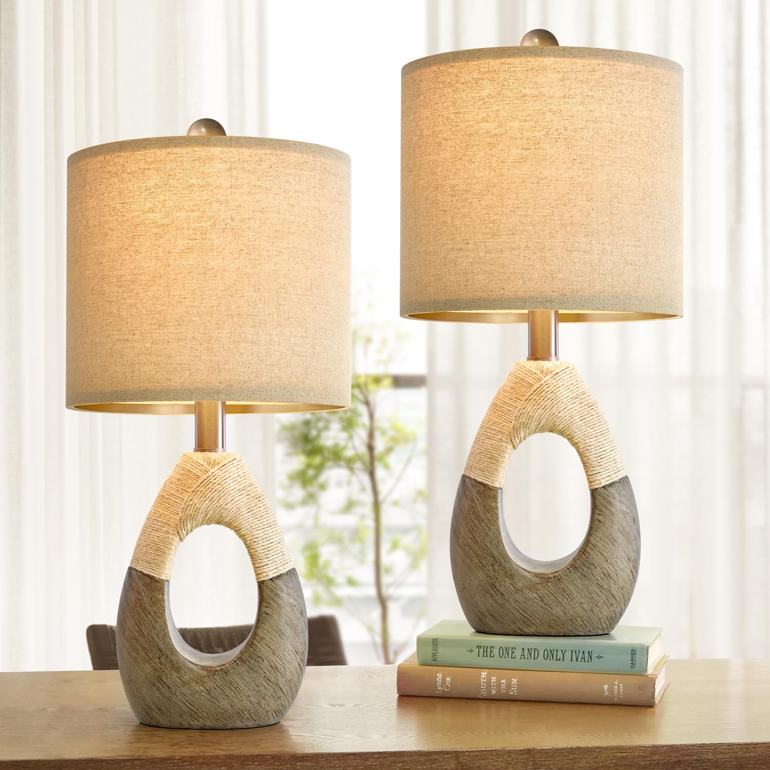 OYEARS 19" Boho Rattan Table Lamps Set of 2, Rustic Egg Design, Grey, AMZ-T1085CG-OY, Ideal for Small Spaces, Nightstand Lighting