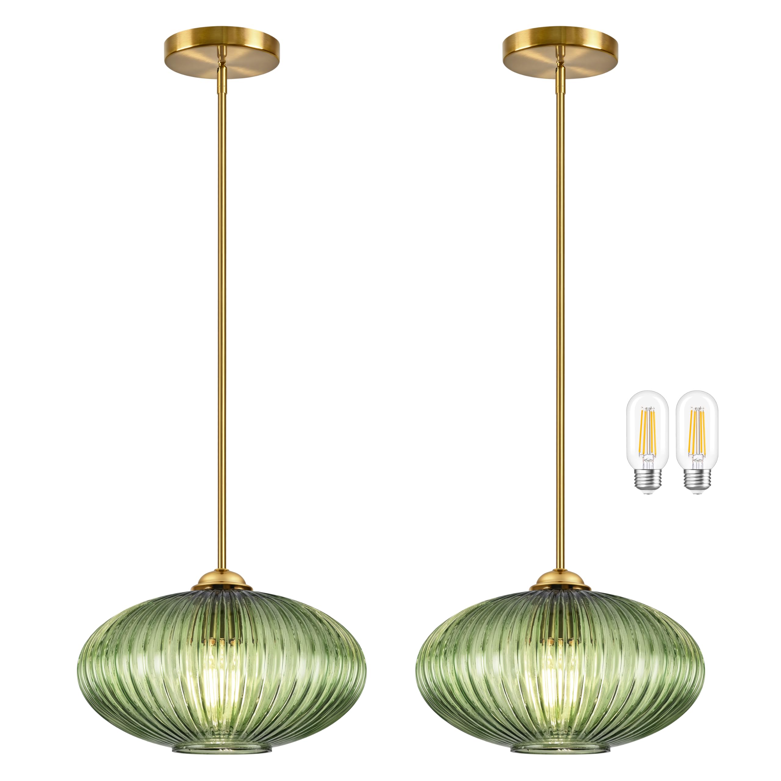 YSHomeStunn 10 Green Glass Modern Pendant Light Kitchen Island 2 Pack Brushed Gold Mid Century Modern Pendant Lighting with Clea
