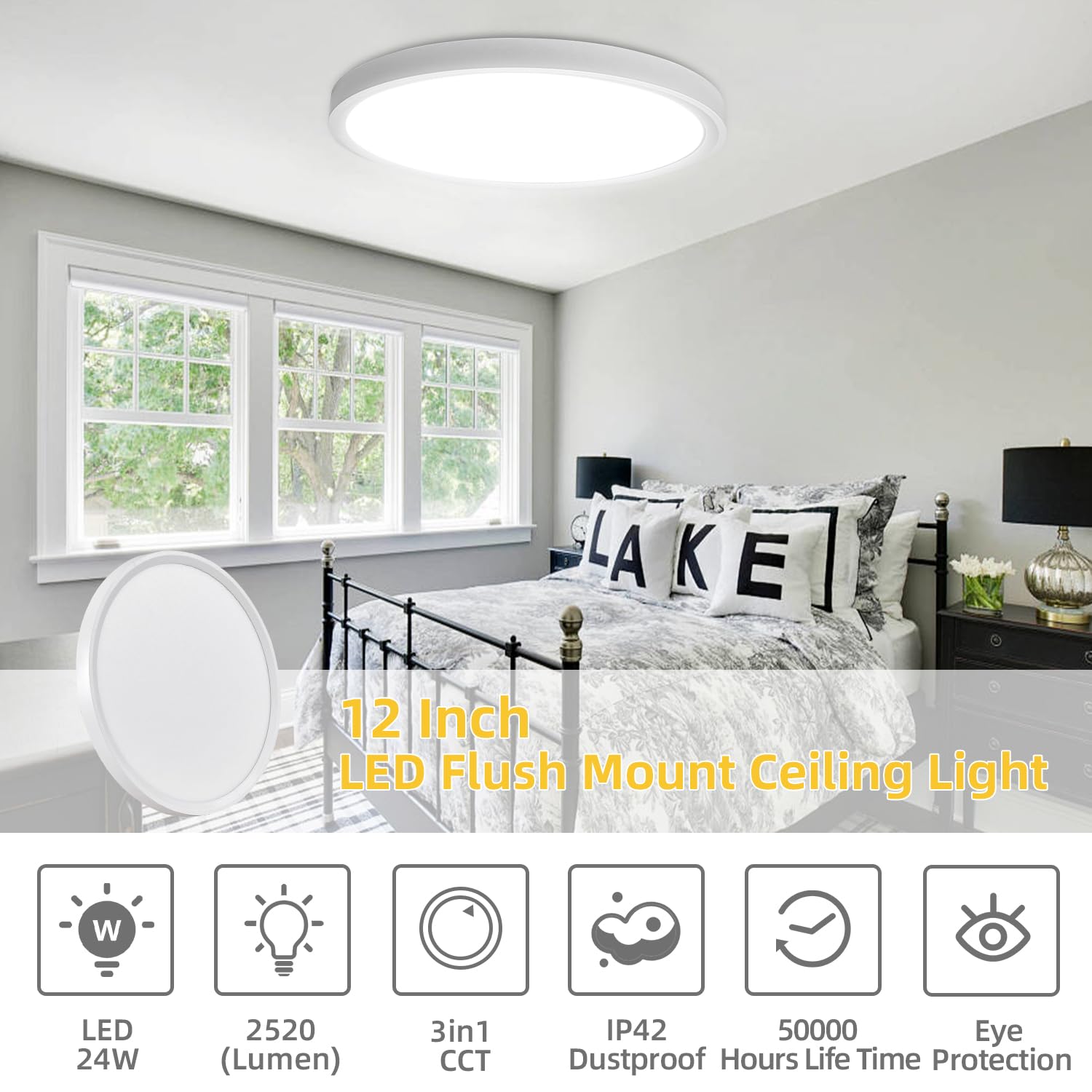 6 Pack 12 Inch Led Flush Mount Ceiling Light: 24W 2520 Lm Ultra-Slim Low Profile Led Ceiling Light, 3000K/4000K/6000K 3 Color Selectable Led Round Flat Ceiling Light For Room Hallway Bathroom, White