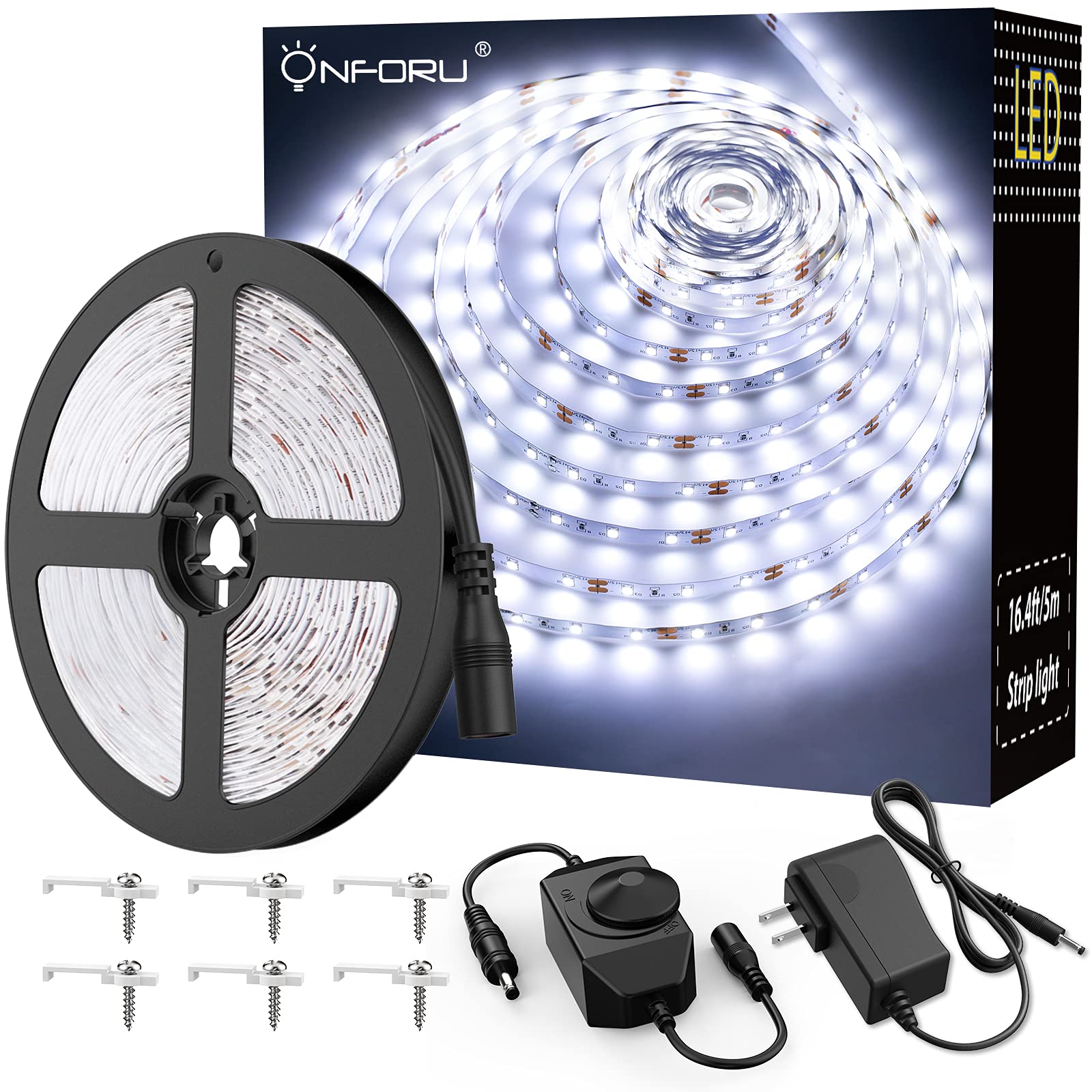 Onforu LED Light Strip 16.4ft Dimmable 6000K Daylight White 300 LEDs Flexible Tape Light Model DT5